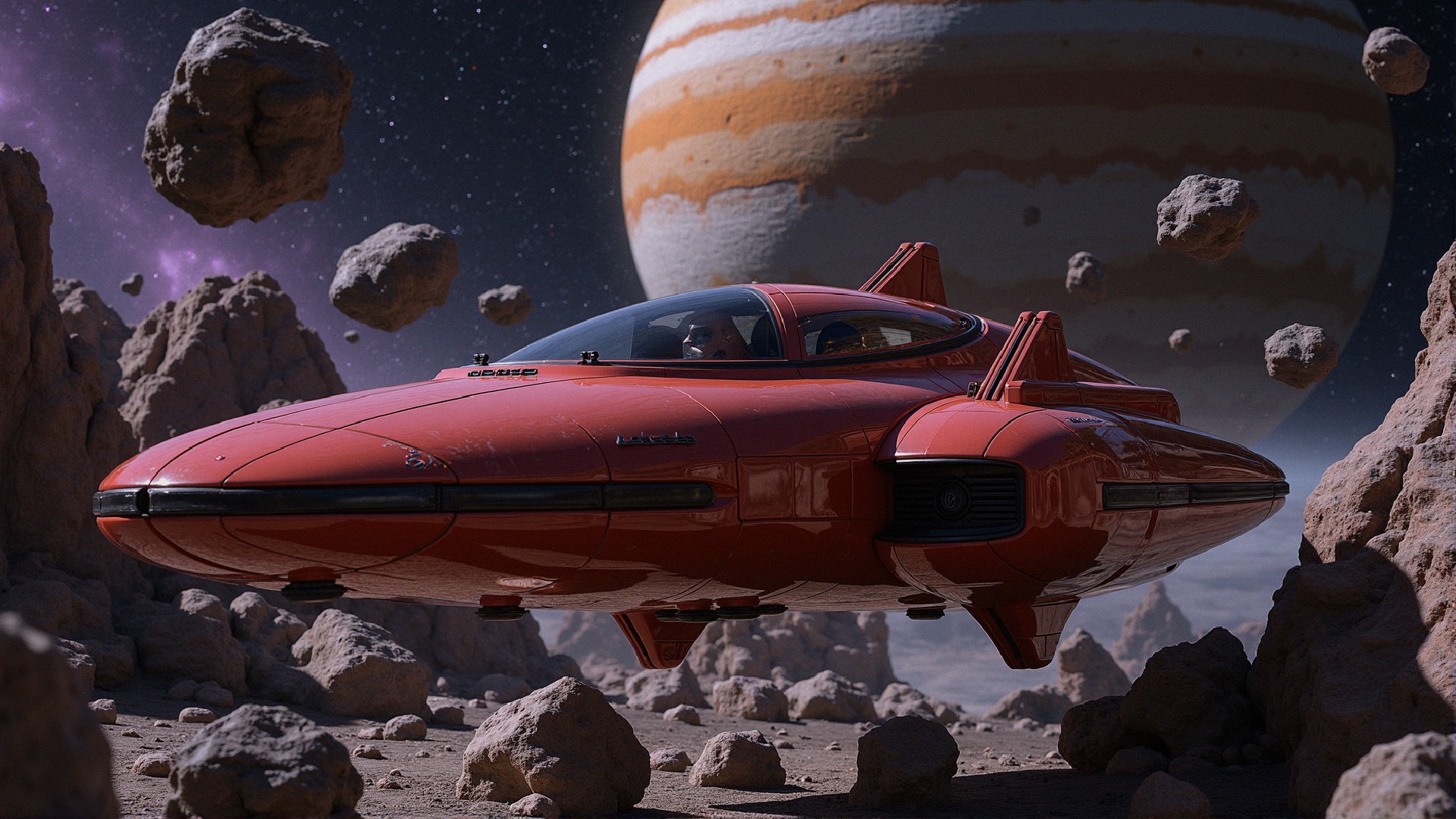 Futuristic Red Spaceship Among Asteroids and Gas Giant