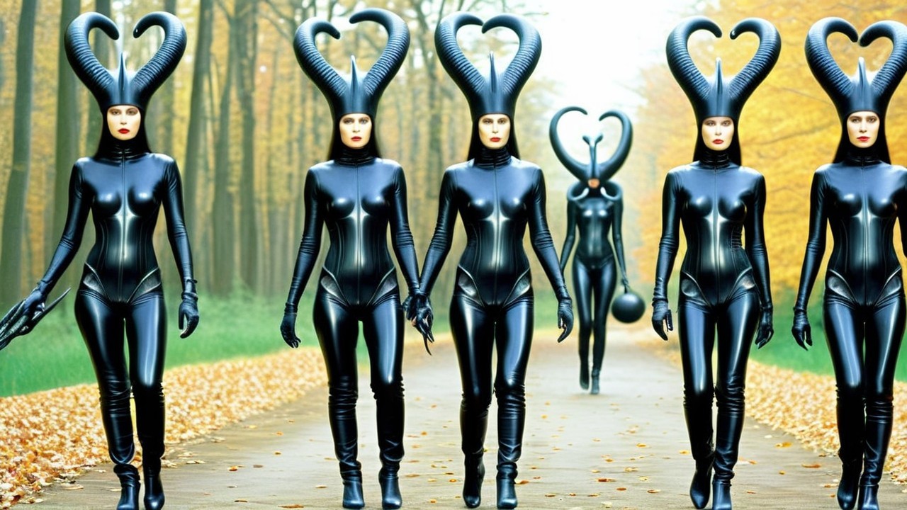 Figures in Black Bodysuits on Autumn Pathway