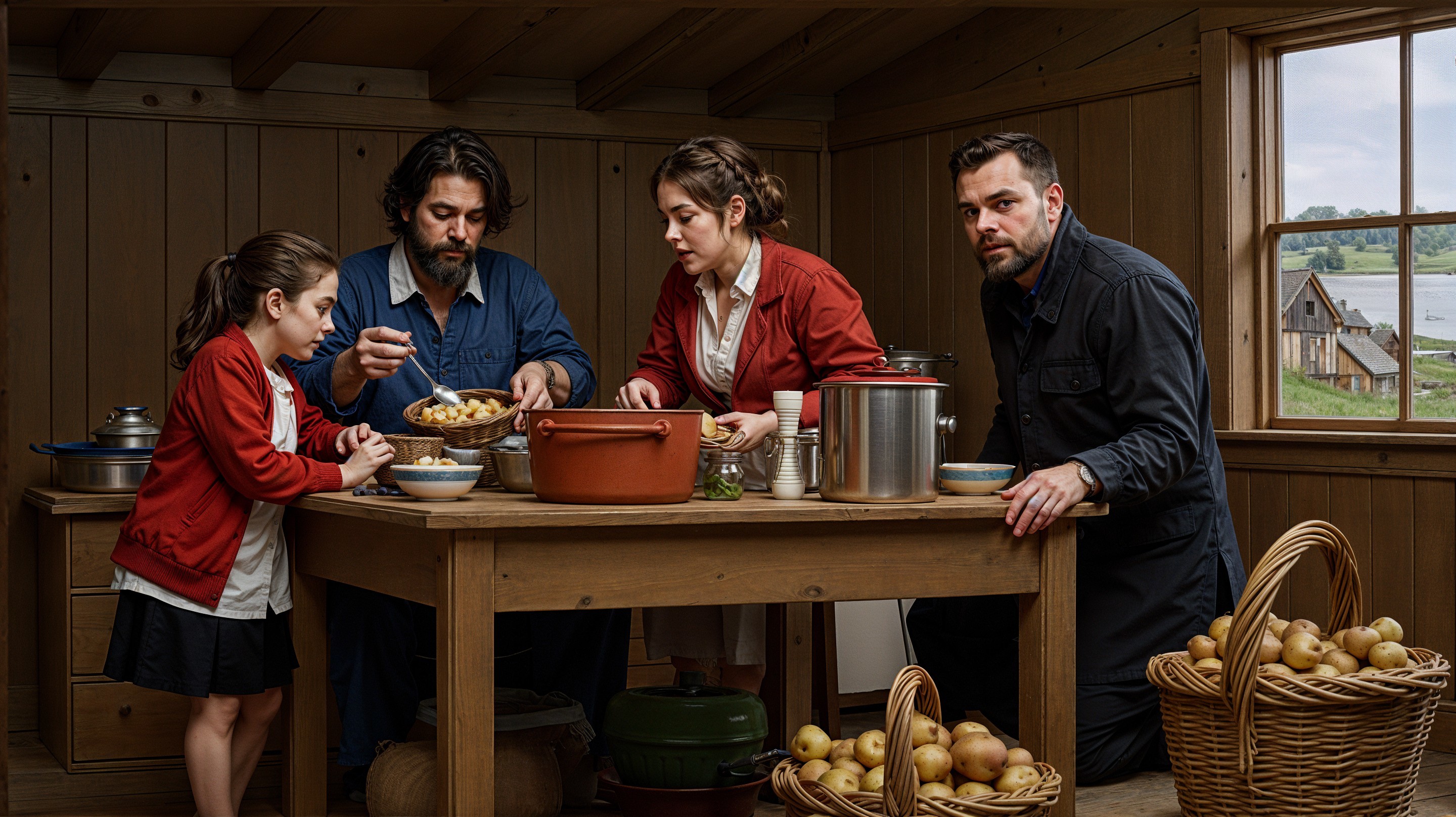 Family Meal Preparation in a Rustic Kitchen Scene