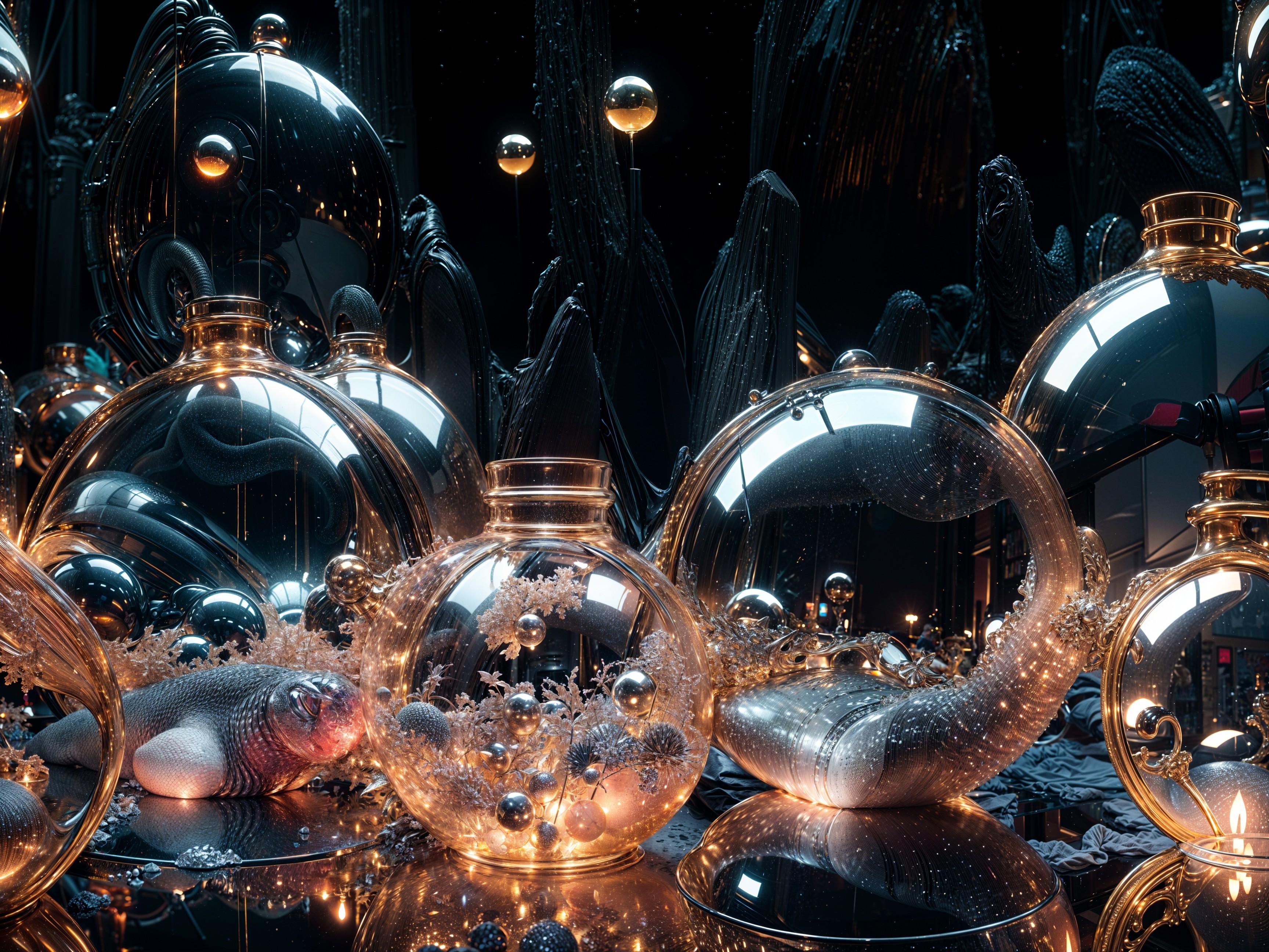 Surreal Underwater Scene with Glass Orbs and Fish
