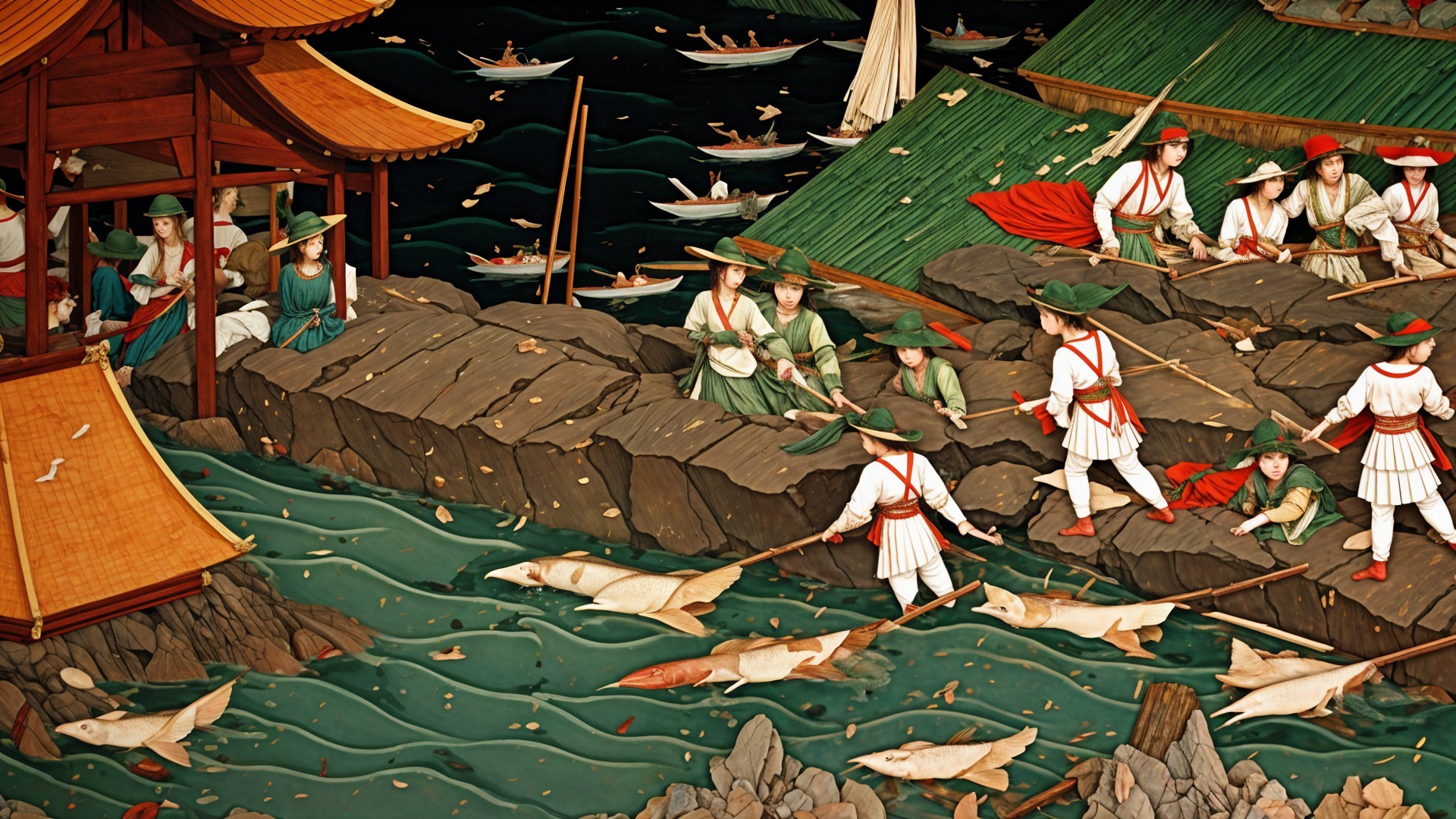 Traditional Fishing Scene by a Rocky Shoreline