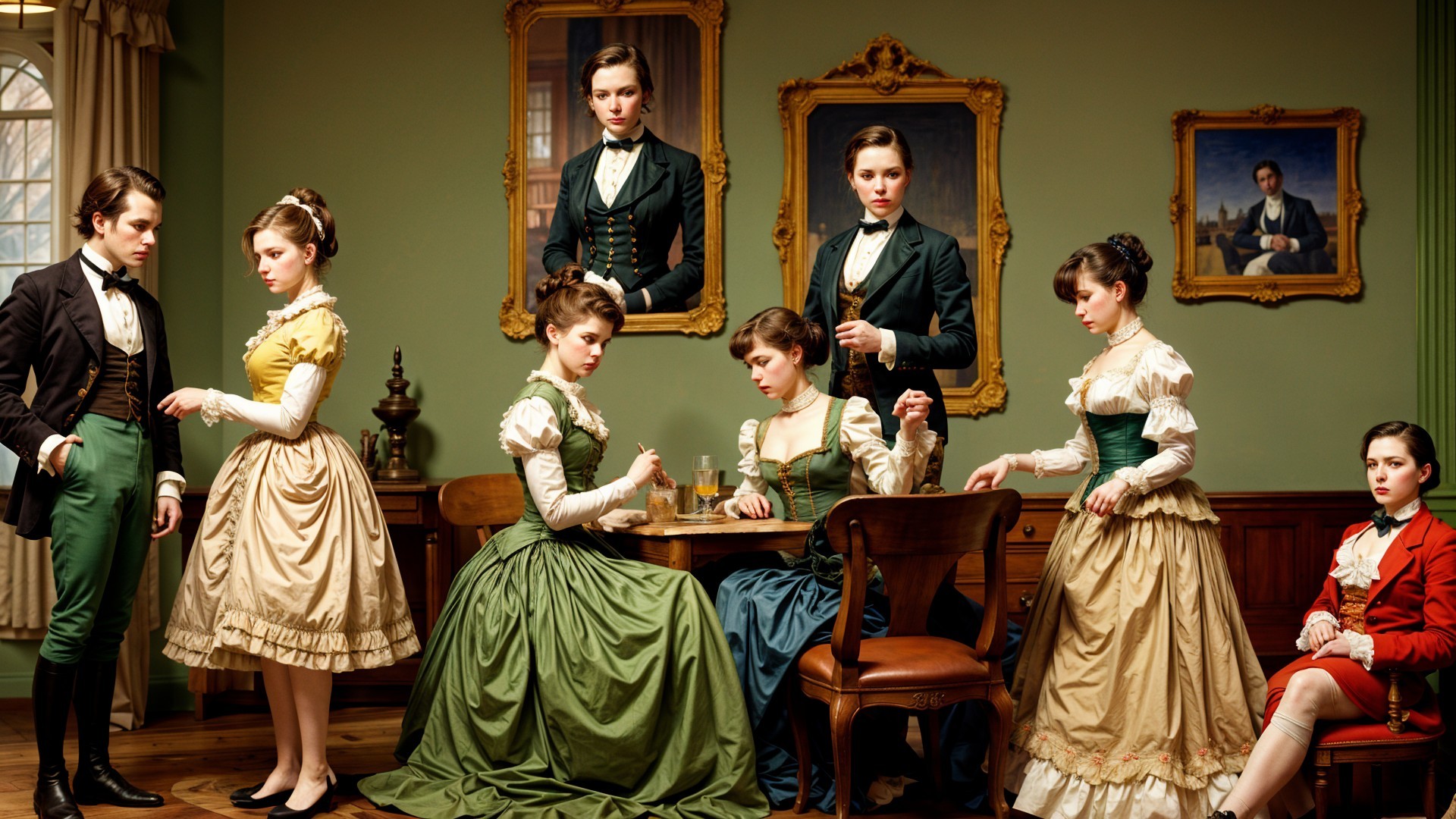 19th Century Elegant Women in Intricate Dresses