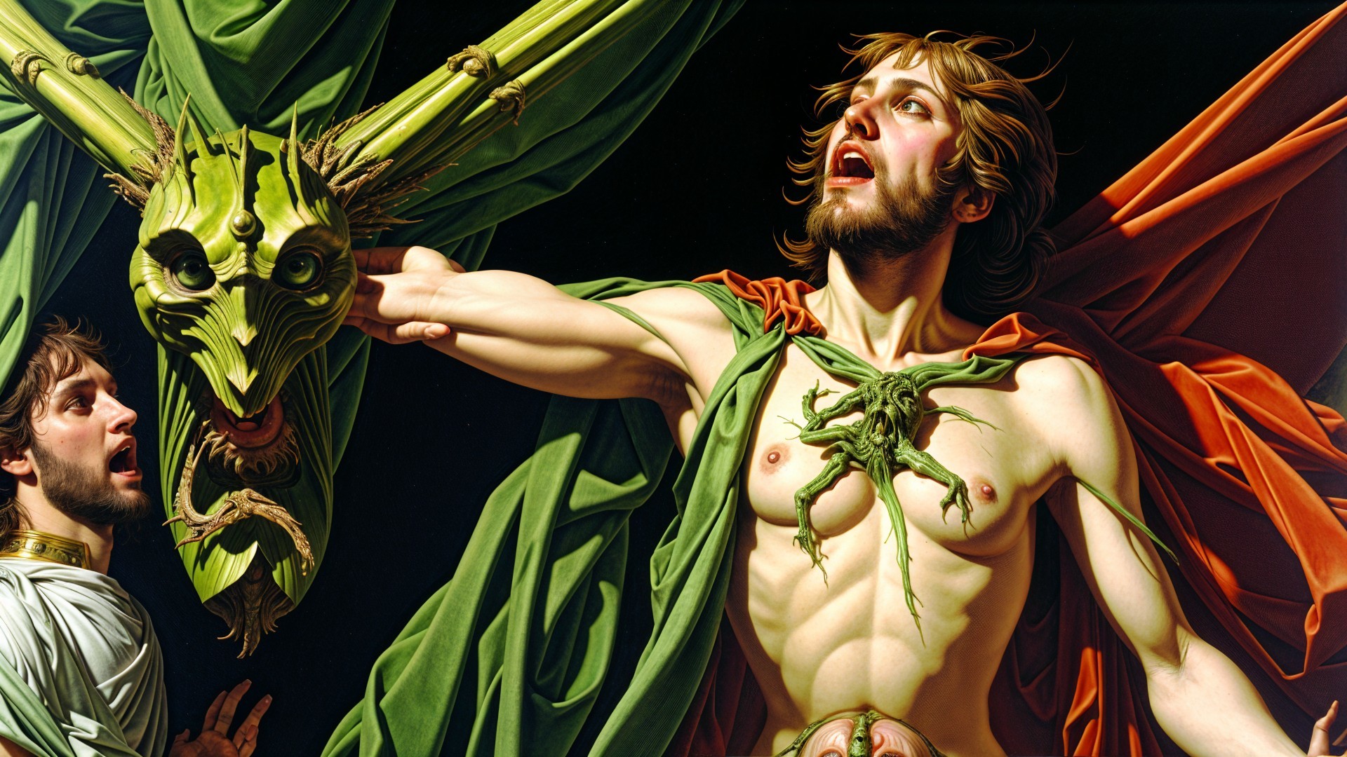 Muscular Figure Confronts Monstrous Green Dragon