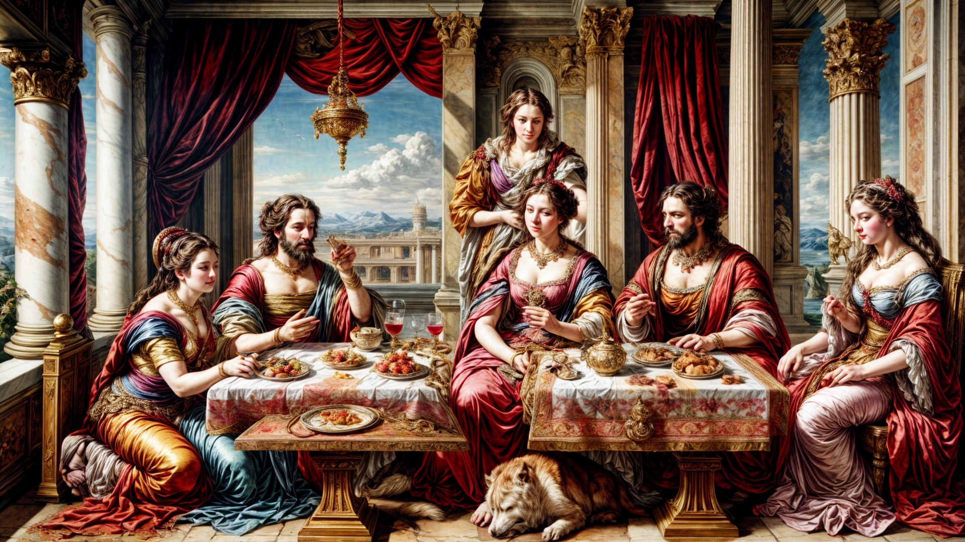 Lavish banquet scene with elegantly dressed guests