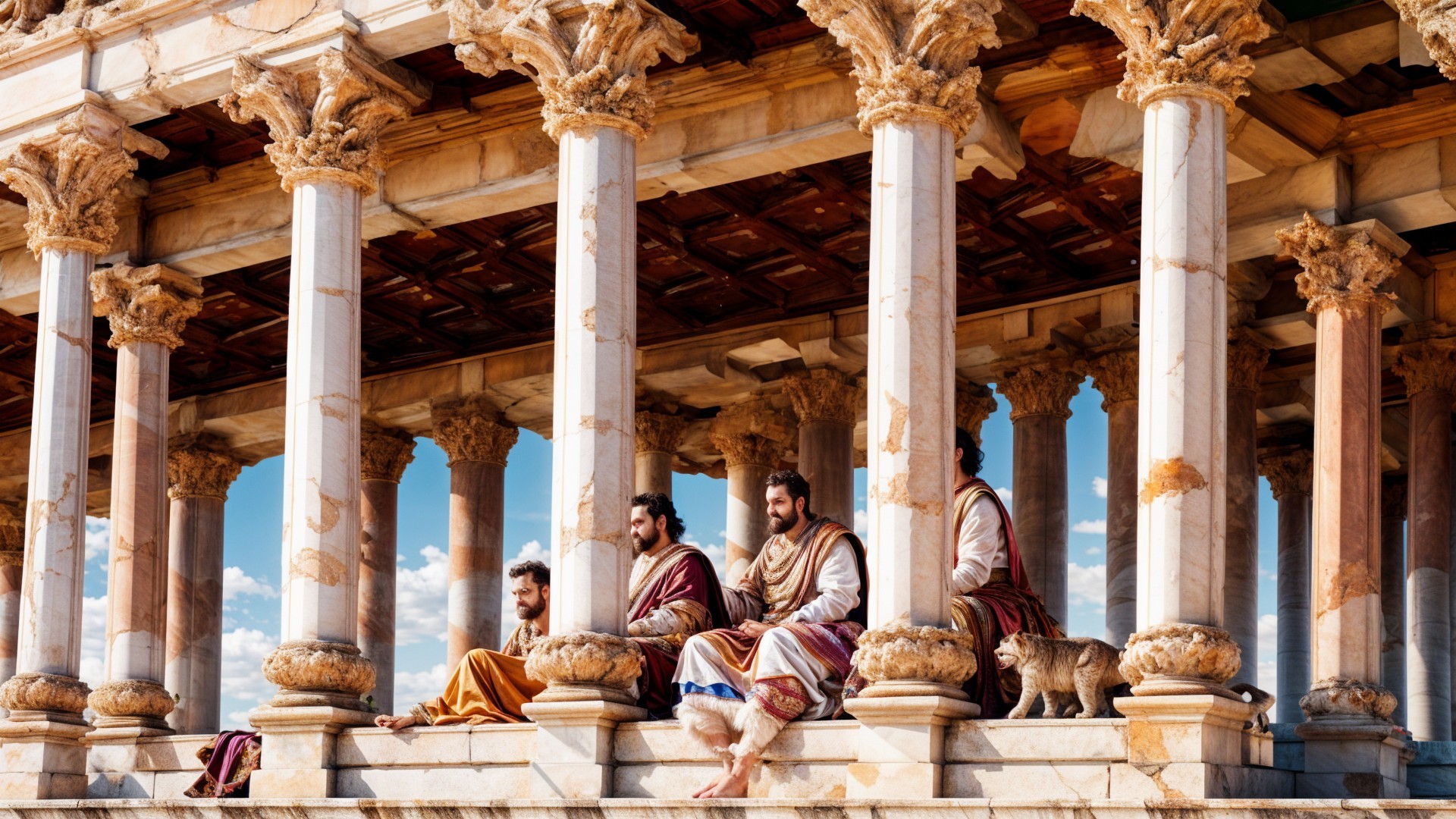 Ancient Men in Robes at Grand Temple Steps