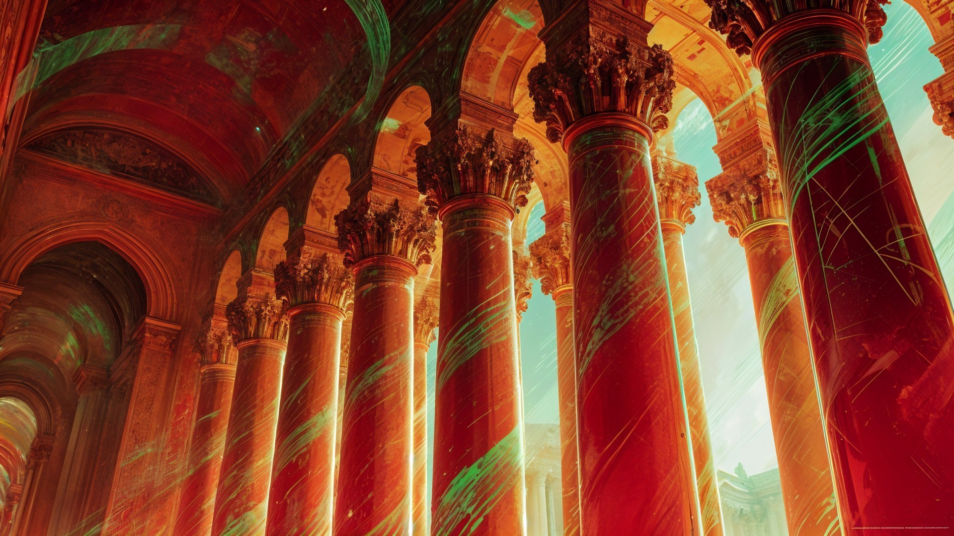 Grand Interior with Towering Columns and Dramatic Light