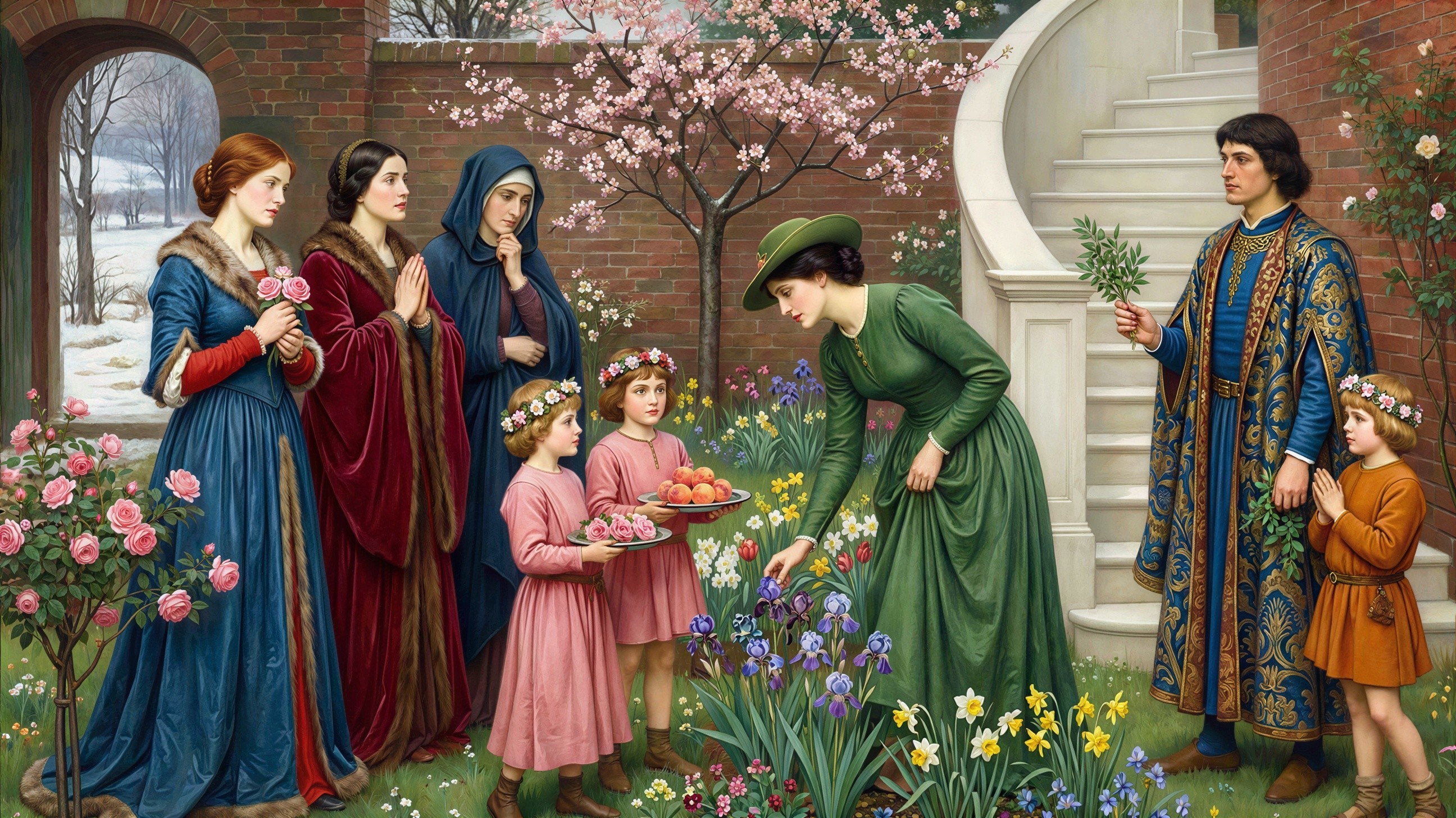 Elegant Gathering of People in Blooming Landscape