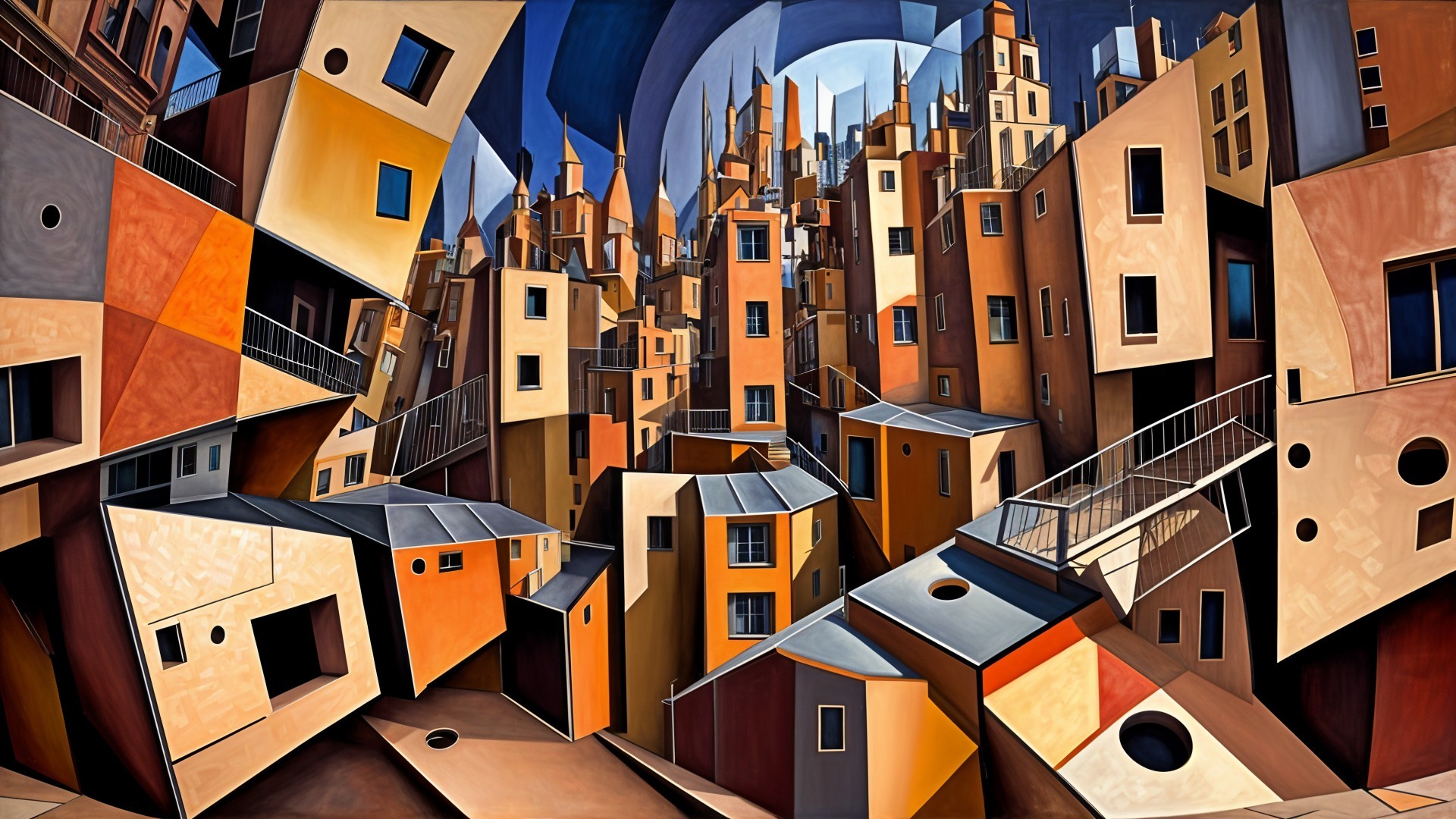 Surreal Urban Landscape with Geometric Buildings