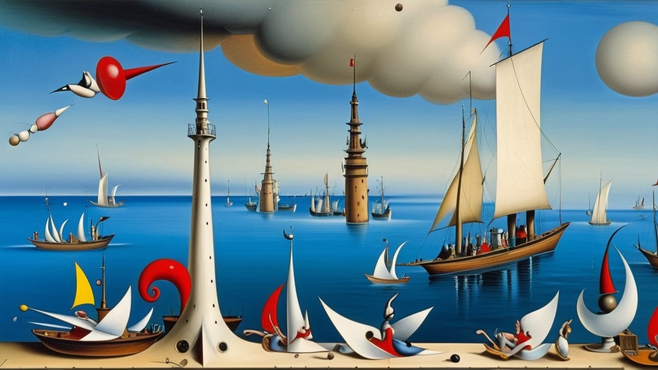 Nautical Scene with Lighthouse and Surreal Elements
