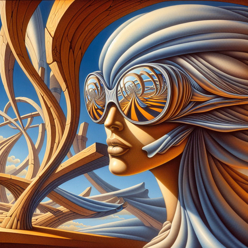 Surreal depiction of a woman in reflective goggles