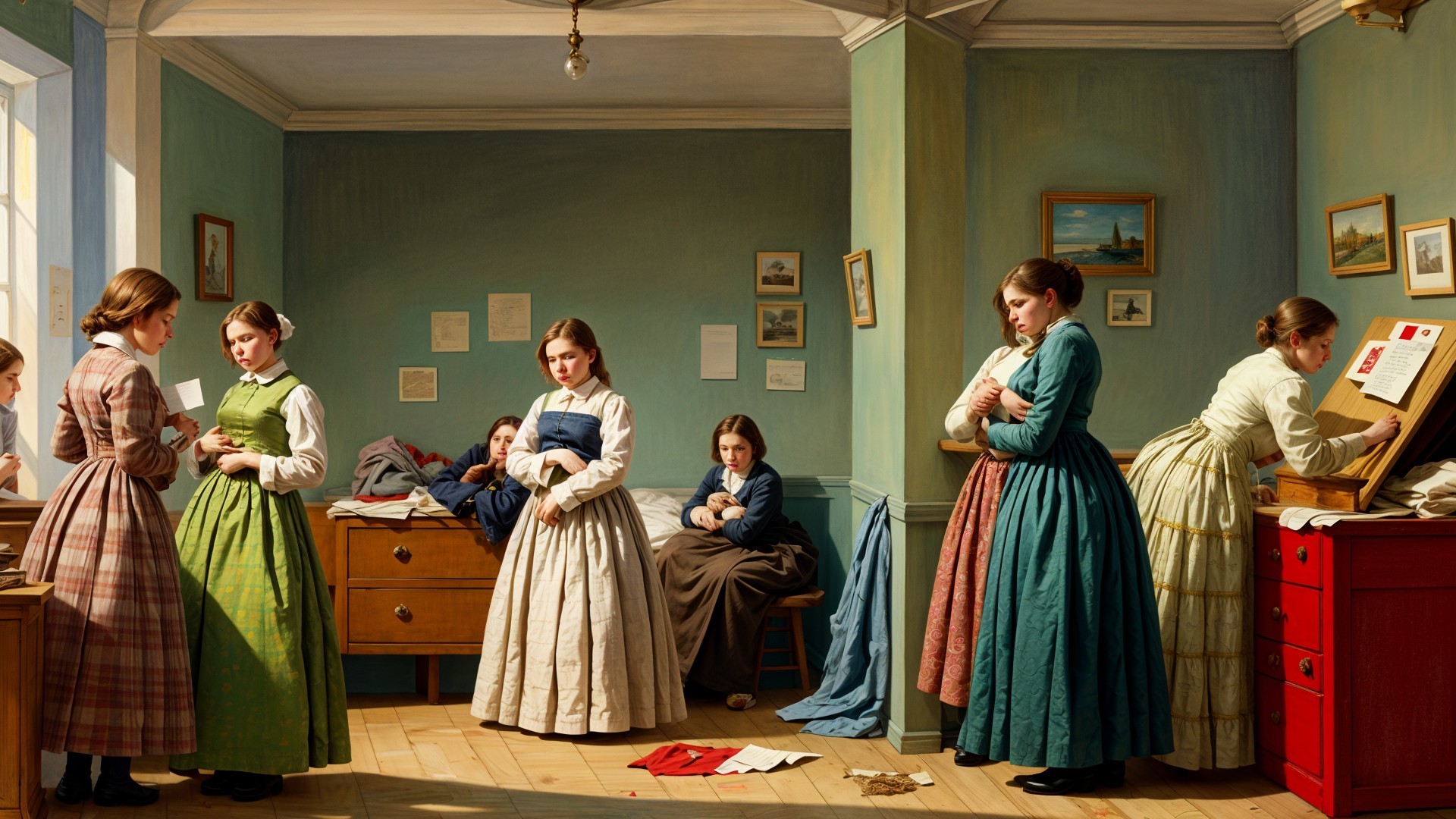 19th-Century Interior with Women Sewing and Organizing