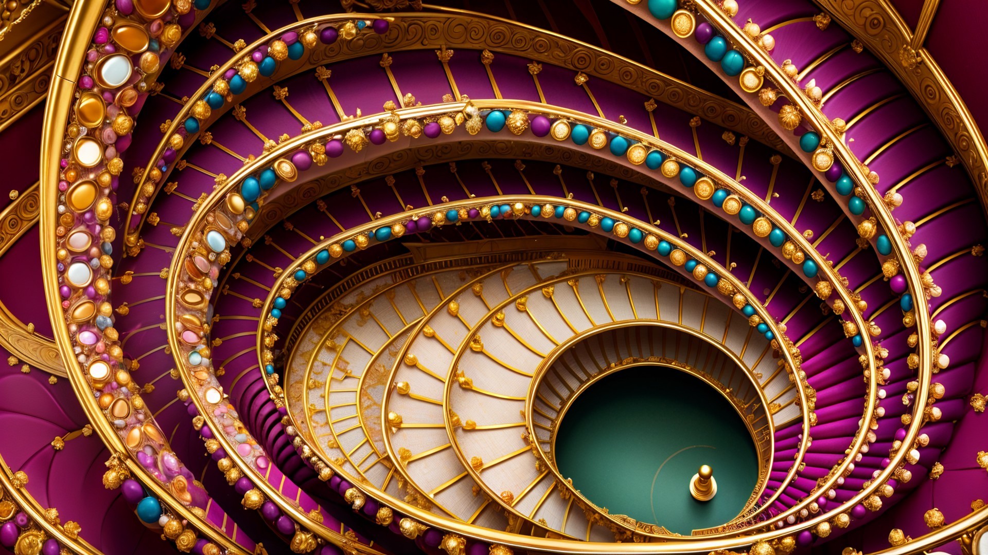 Ornate Spiral Staircase with Purple and Gold Colors