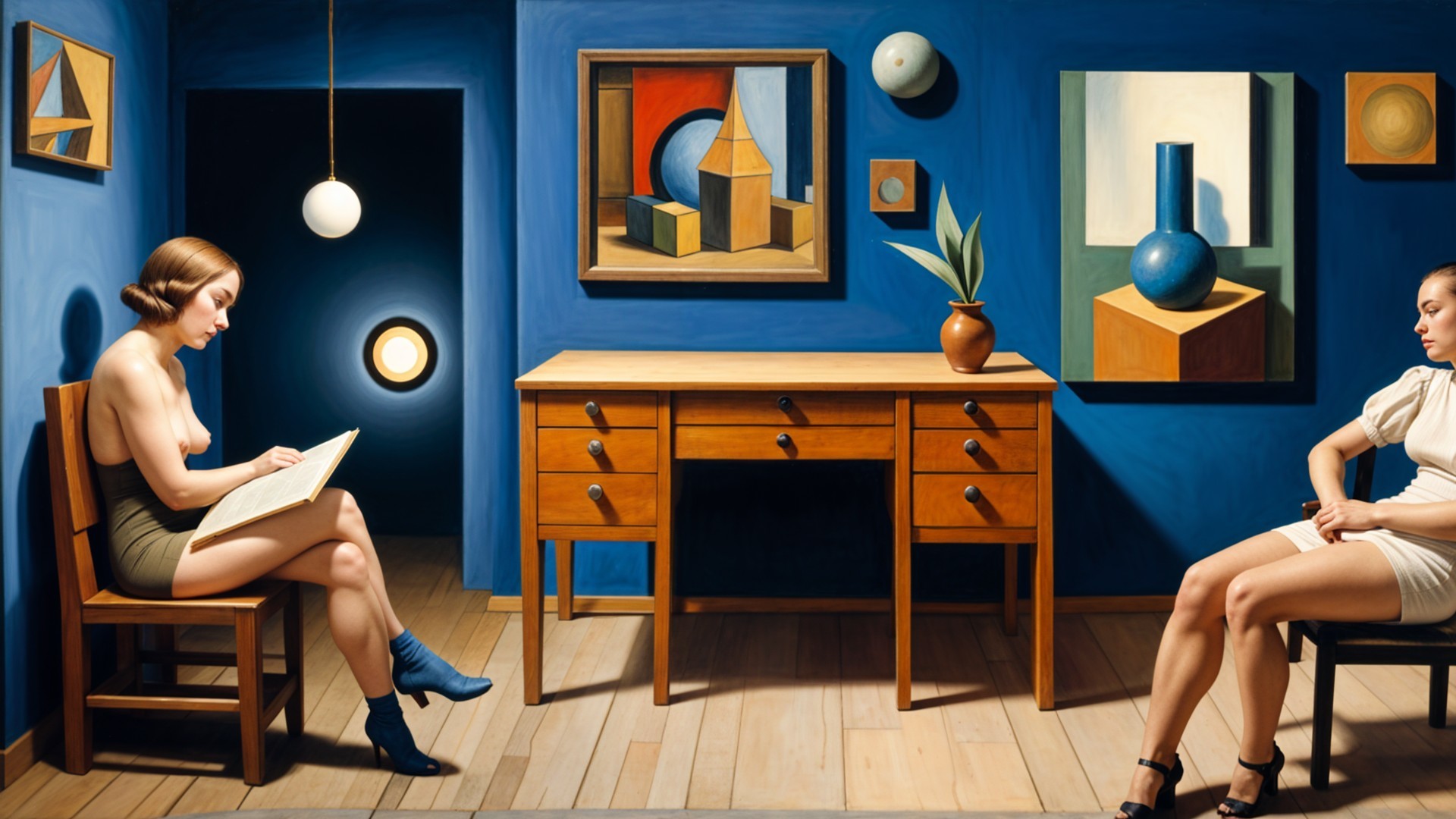 Interior Scene with Women and Abstract Art