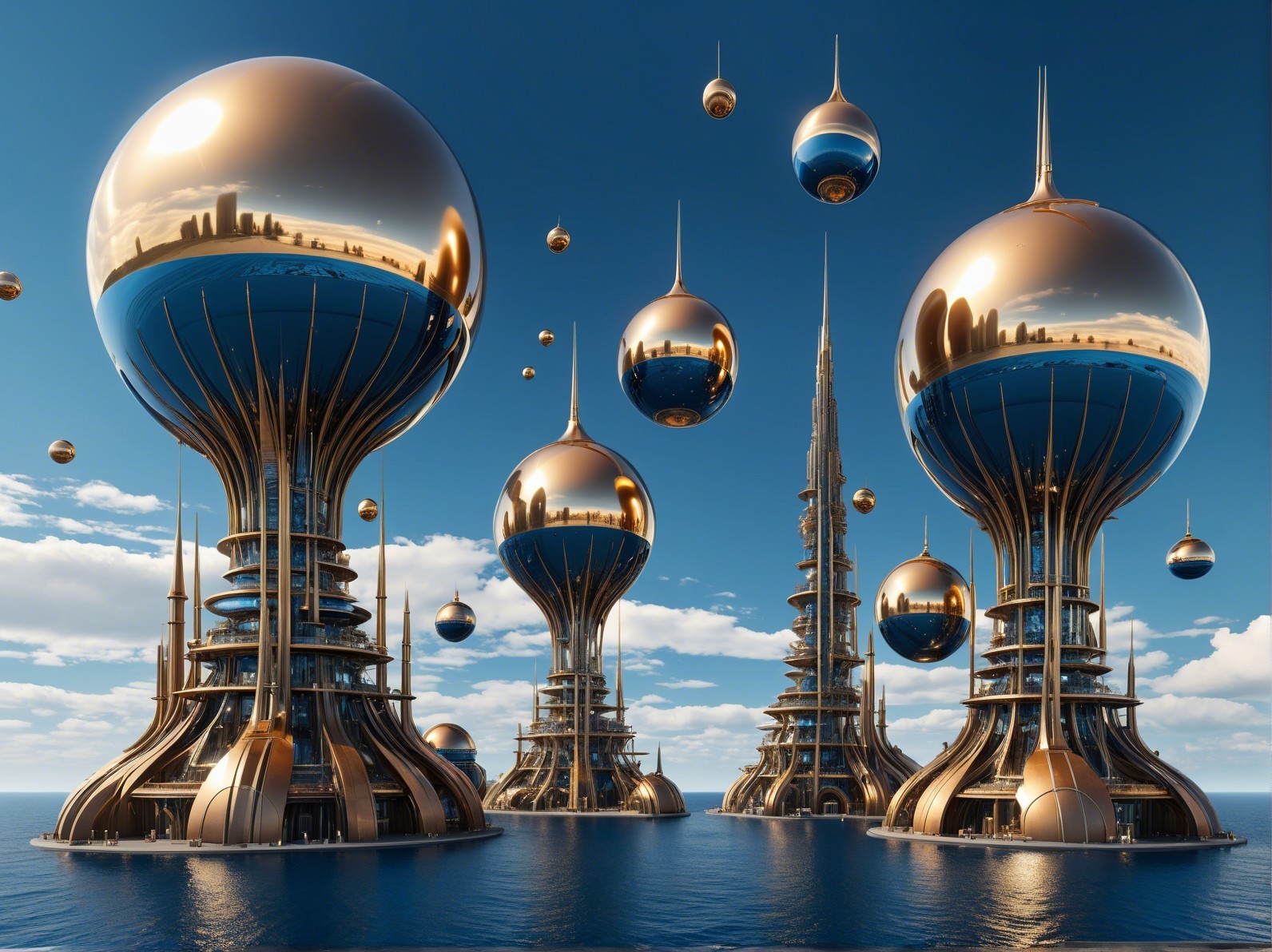 Futuristic cityscape with golden structures and spheres