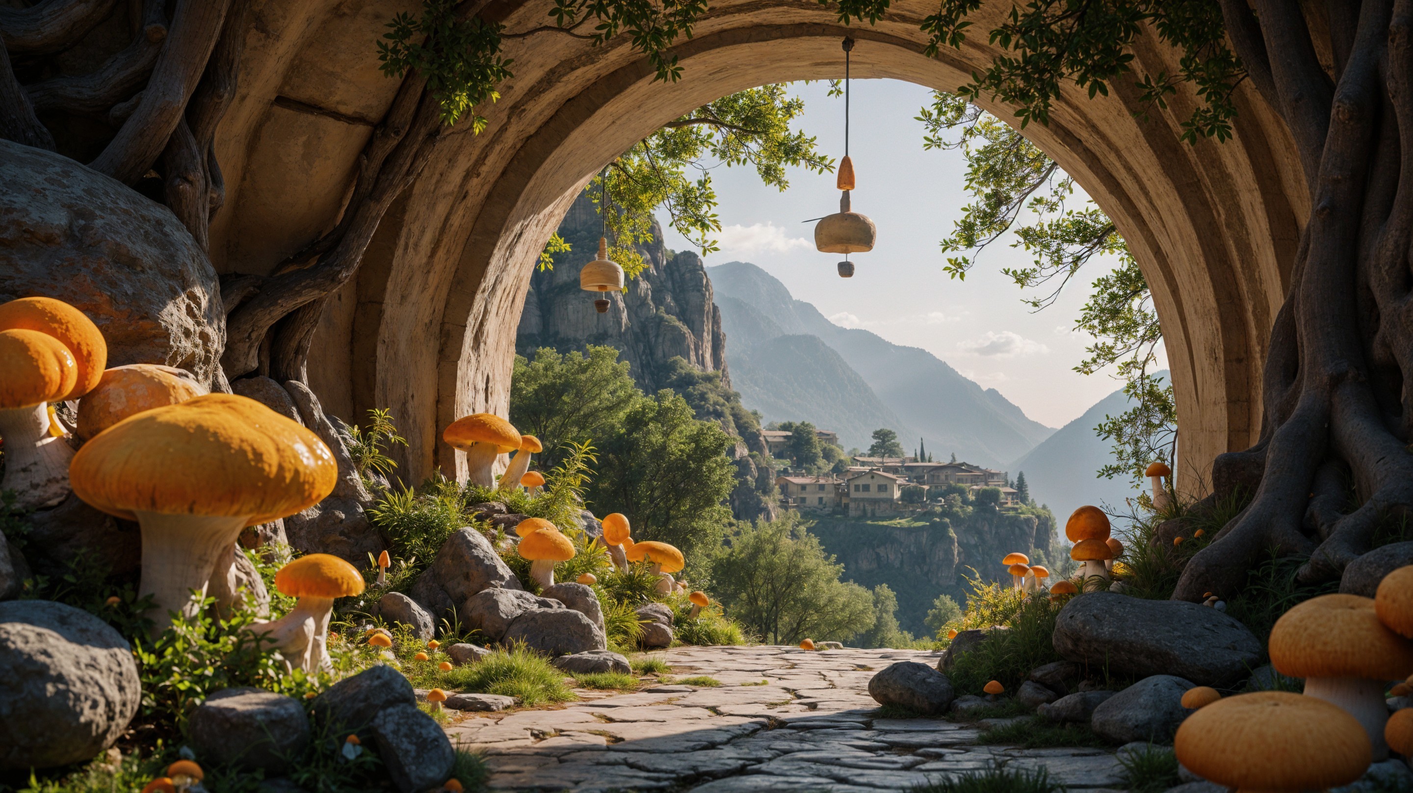 Ornate Archway Leading to Vibrant Mushroom Landscape