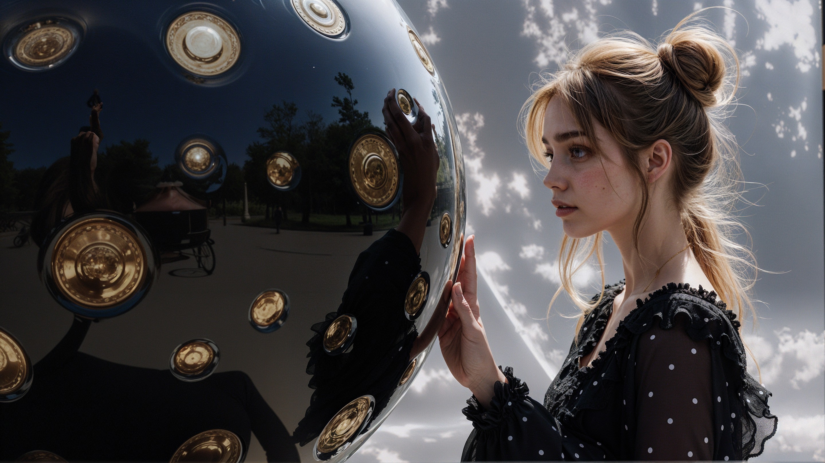Contemplative Woman with Reflective Black Sphere