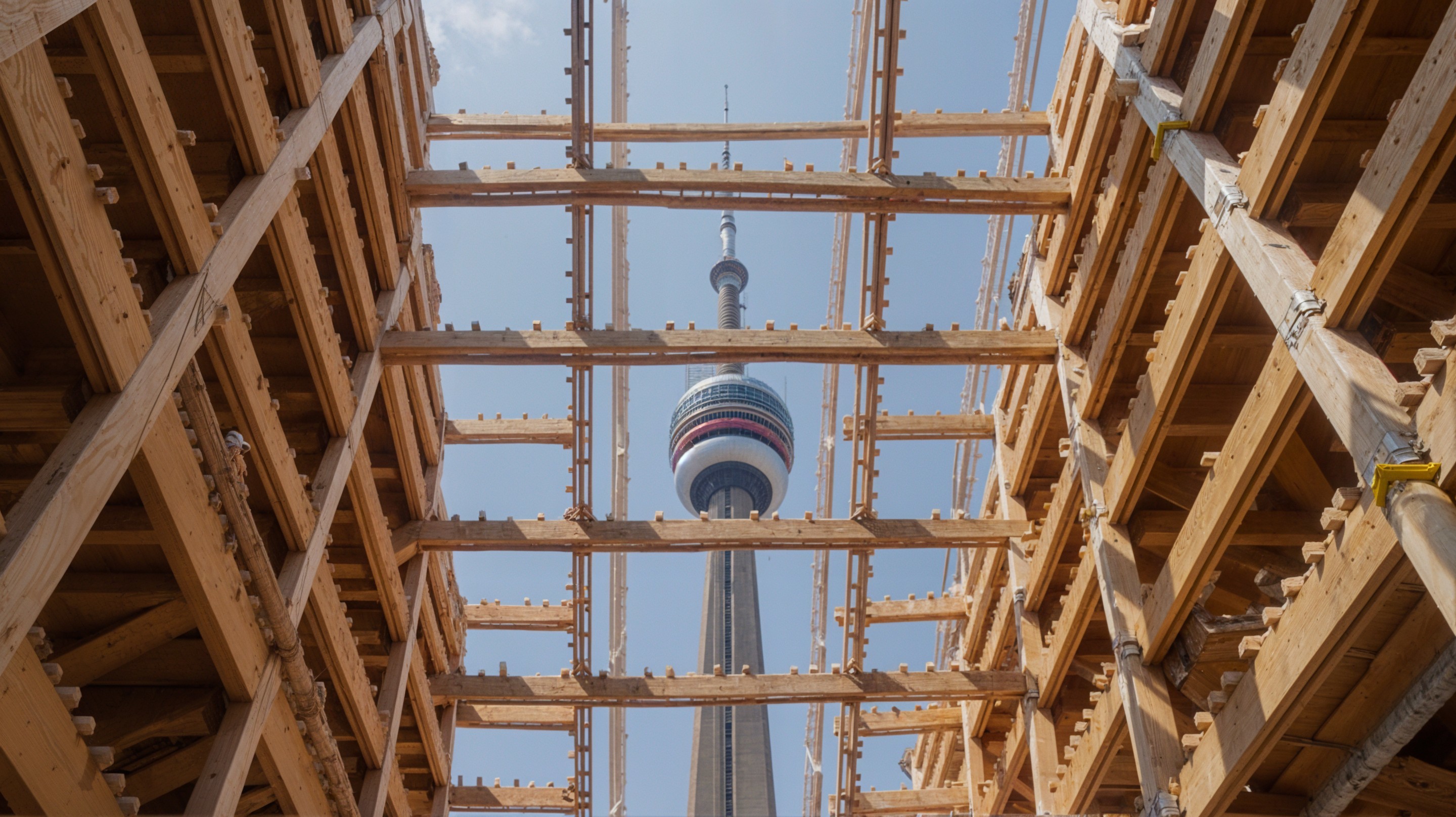 CN Tower in Toronto Surrounded by Wooden Scaffolding