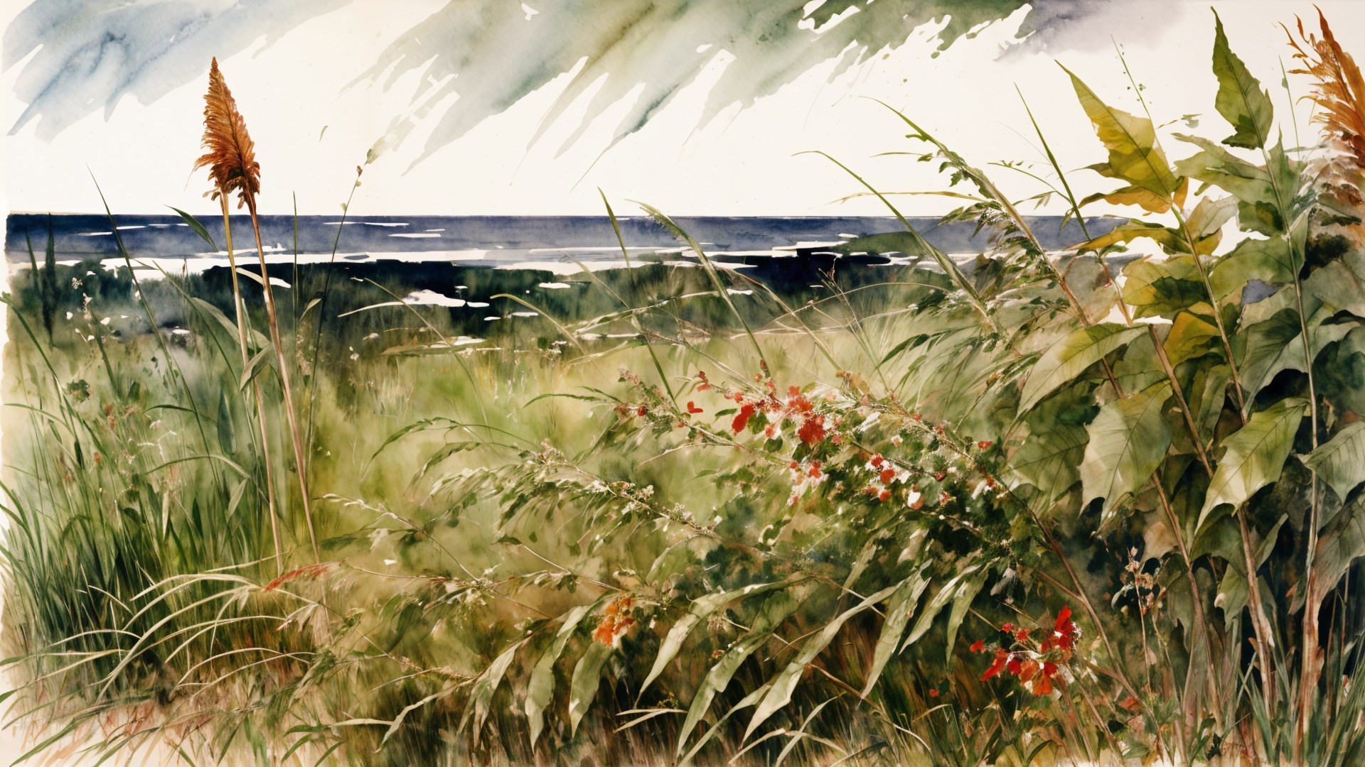 Tranquil Coastal Watercolor Landscape with Wildflowers