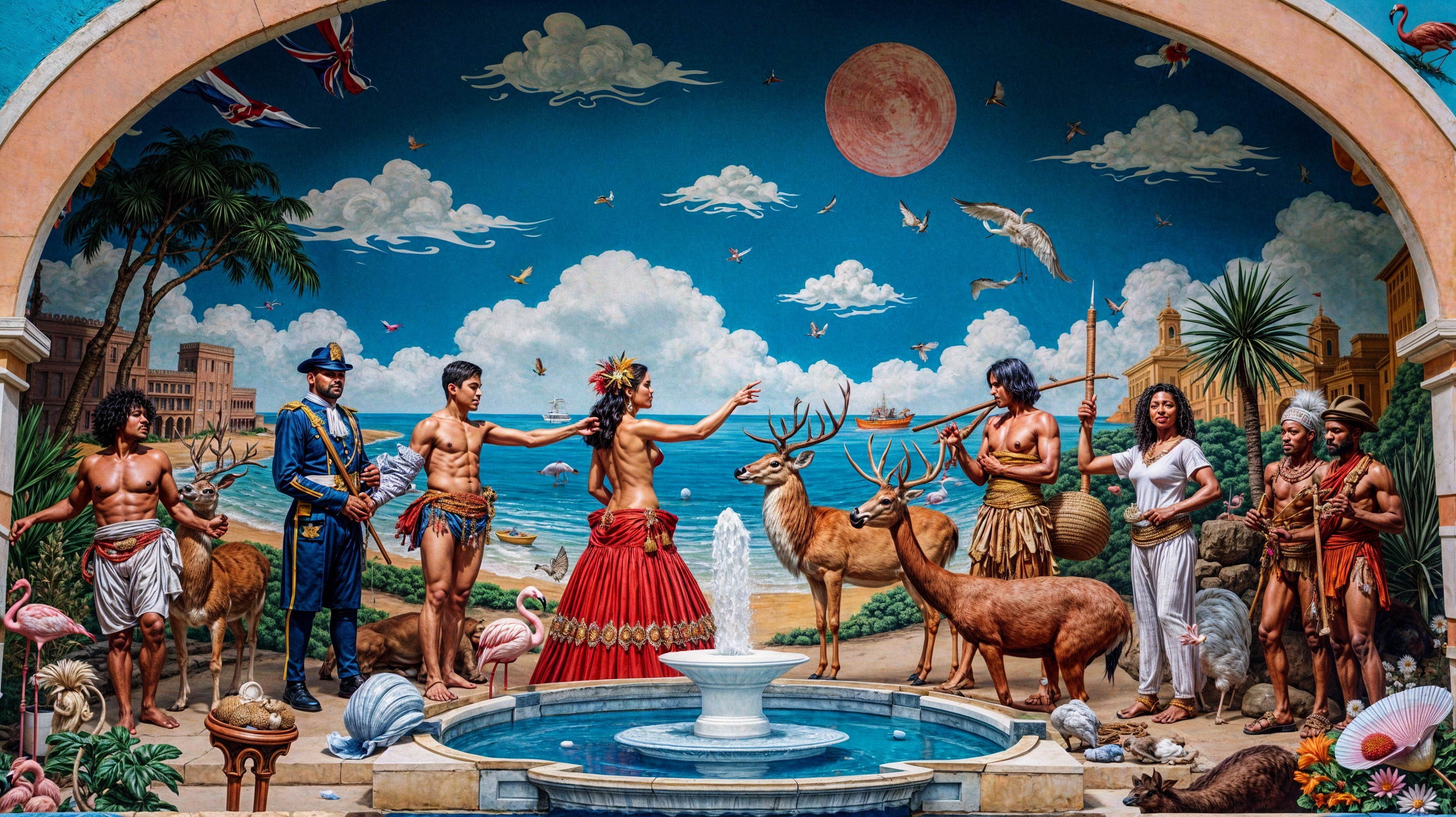 Vibrant Mural of Diverse Figures in Coastal Setting