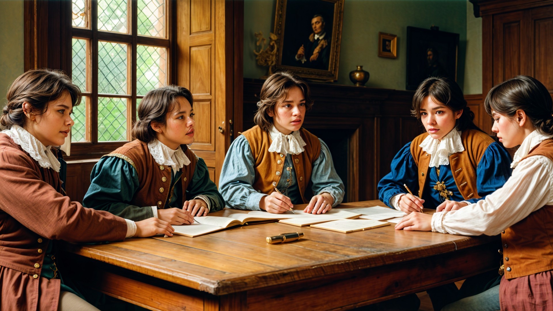 Young Individuals in 17th-Century Attire Discussing Books