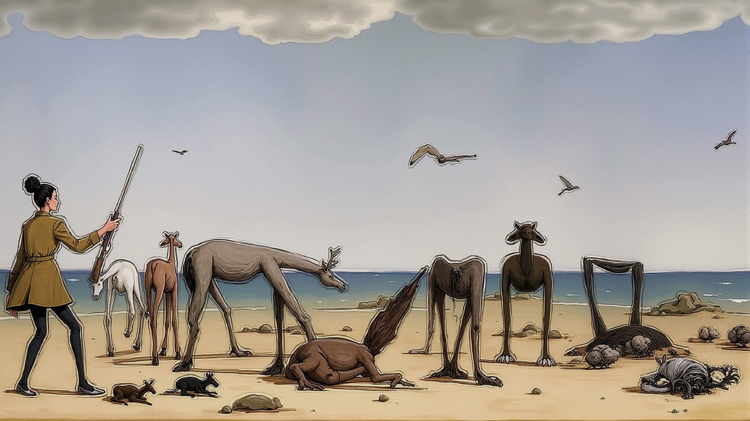 Surreal Beach Scene with Unusual Animals and Ocean
