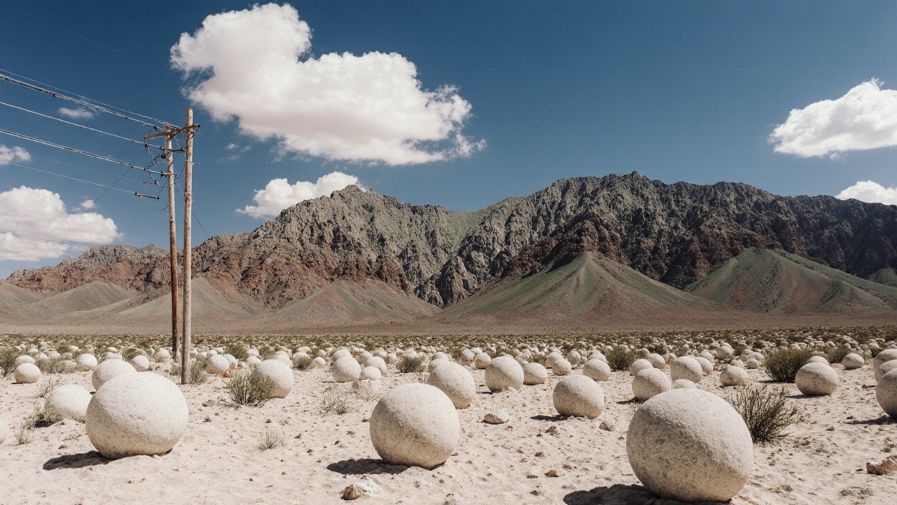 Spherical Stones in Arid Landscape with Mountains