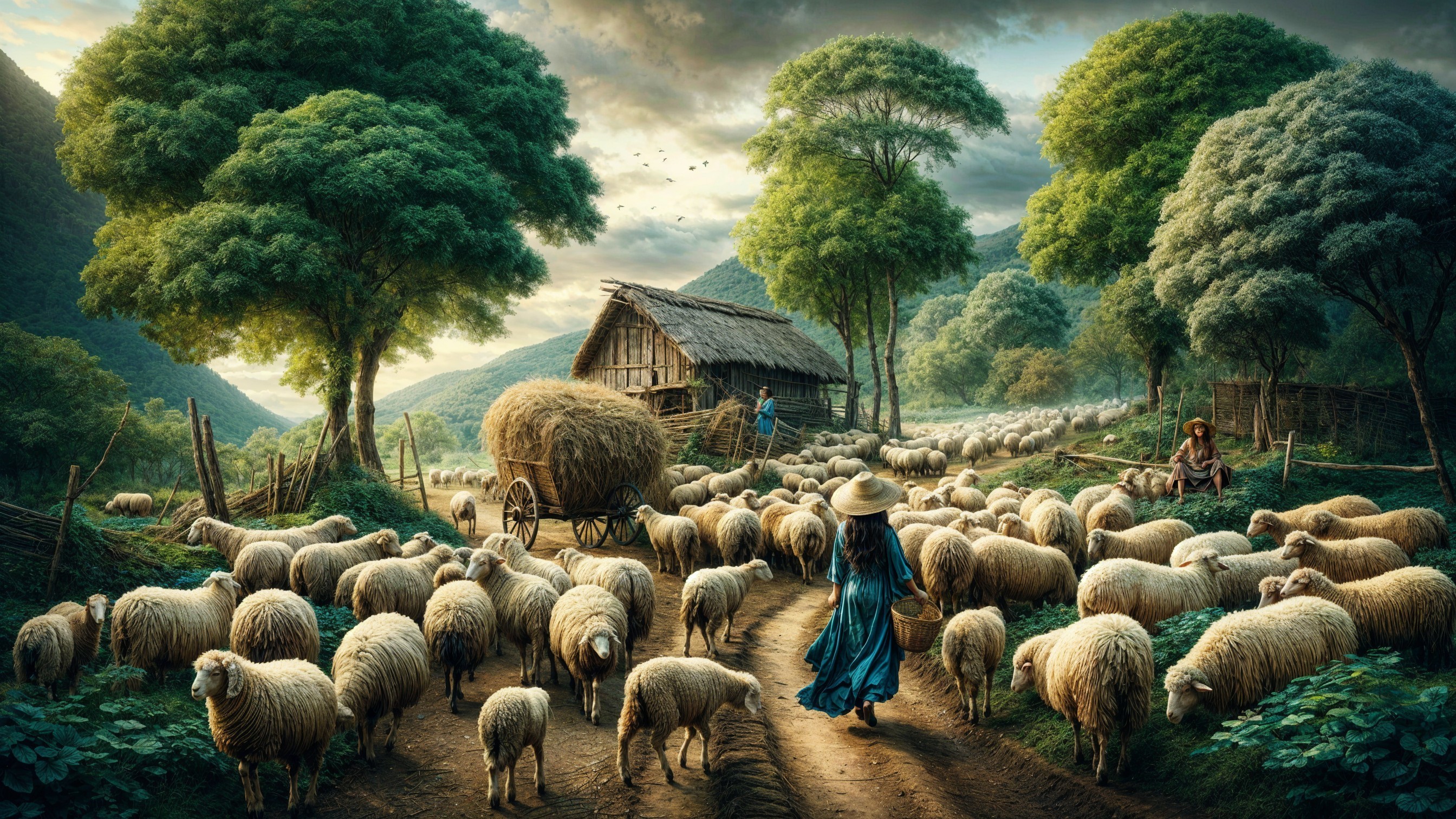 Pastoral Scene with Barn, Sheep, and Sunset Sky