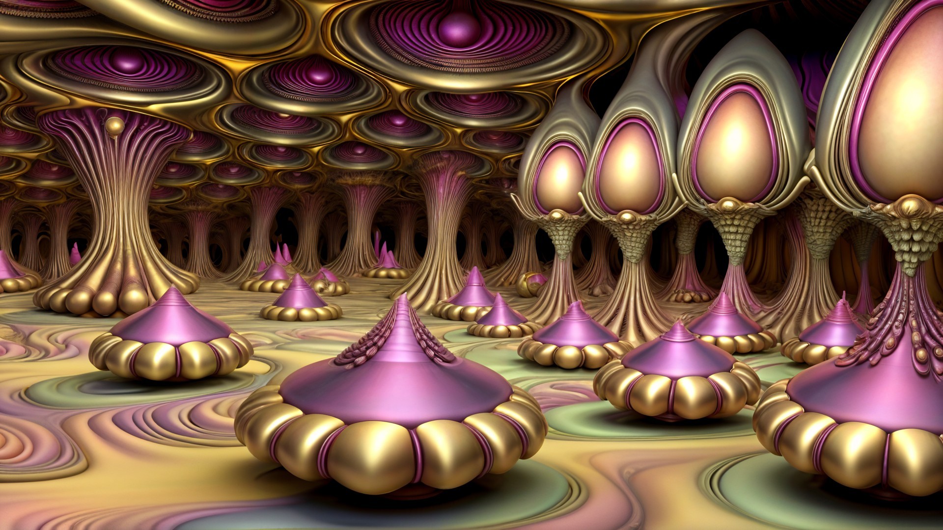 Surreal 3D Landscape with Organic Forms and Hues