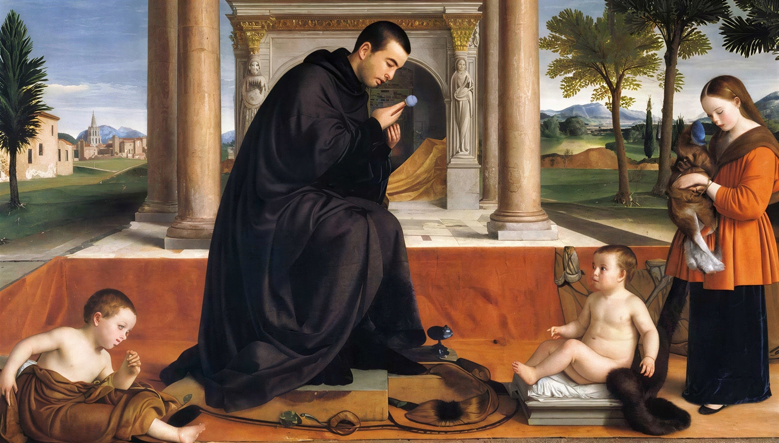 Religious Painting of Man with Blue Orb and Child