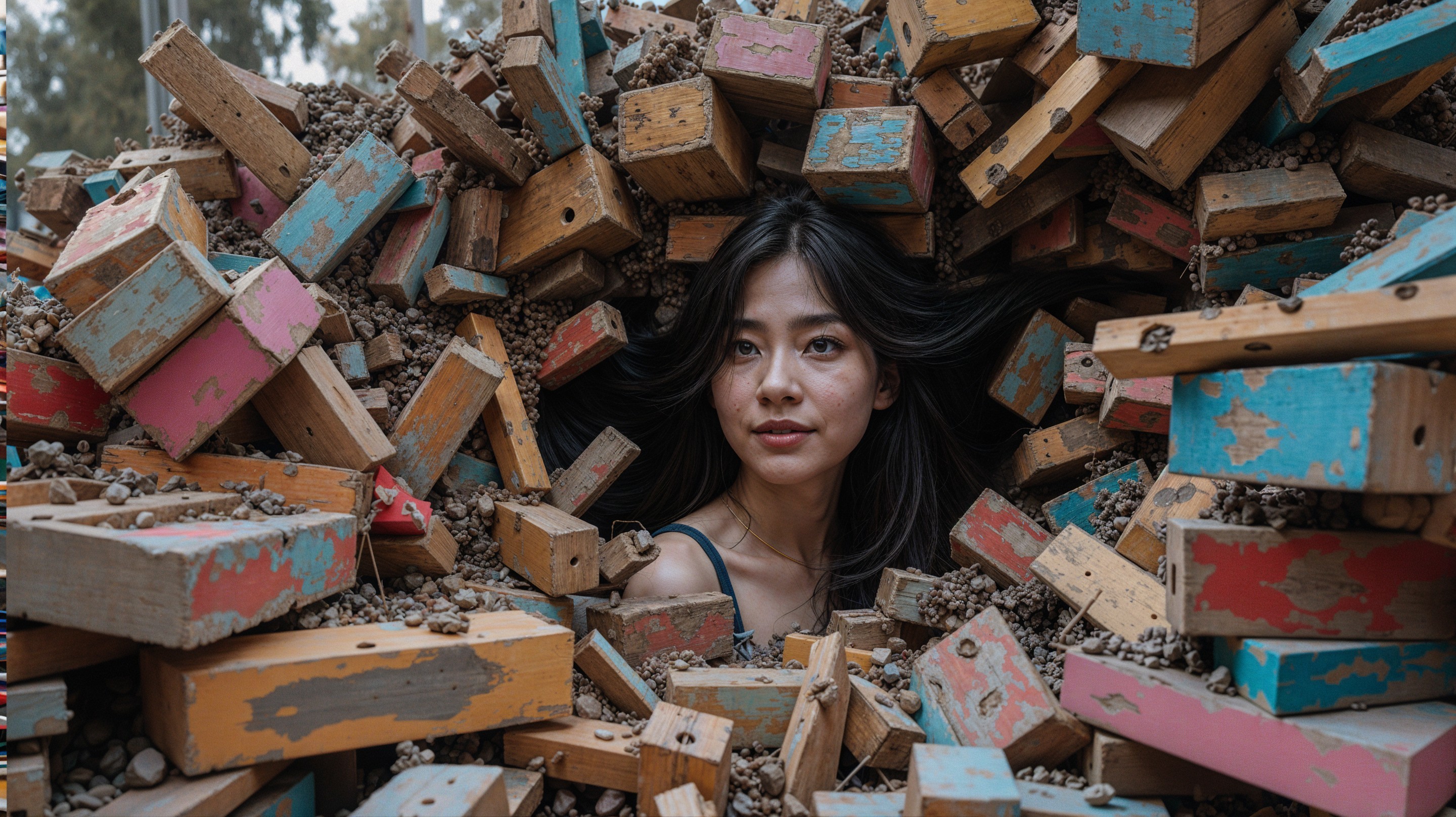 Young woman amidst colorful blocks and gravel scene