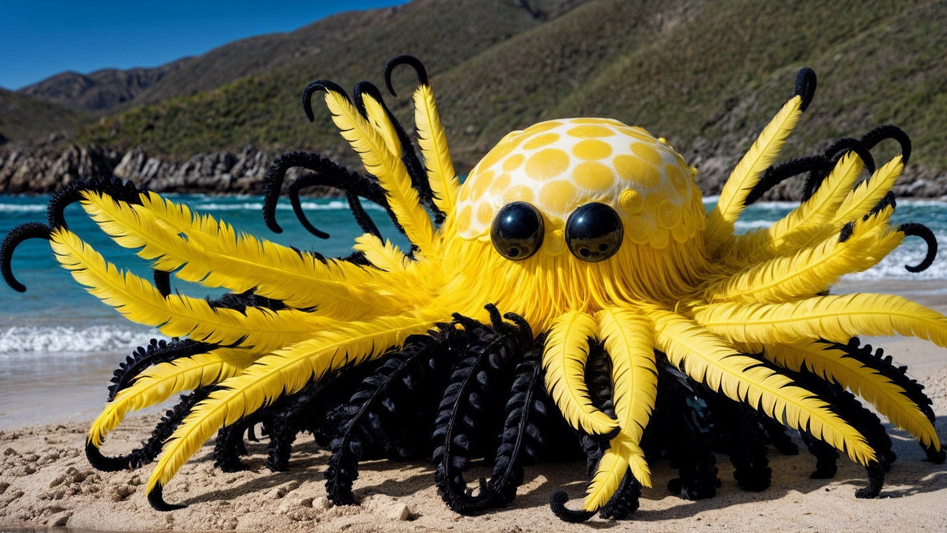 Oversized yellow polka-dotted octopus on a beach