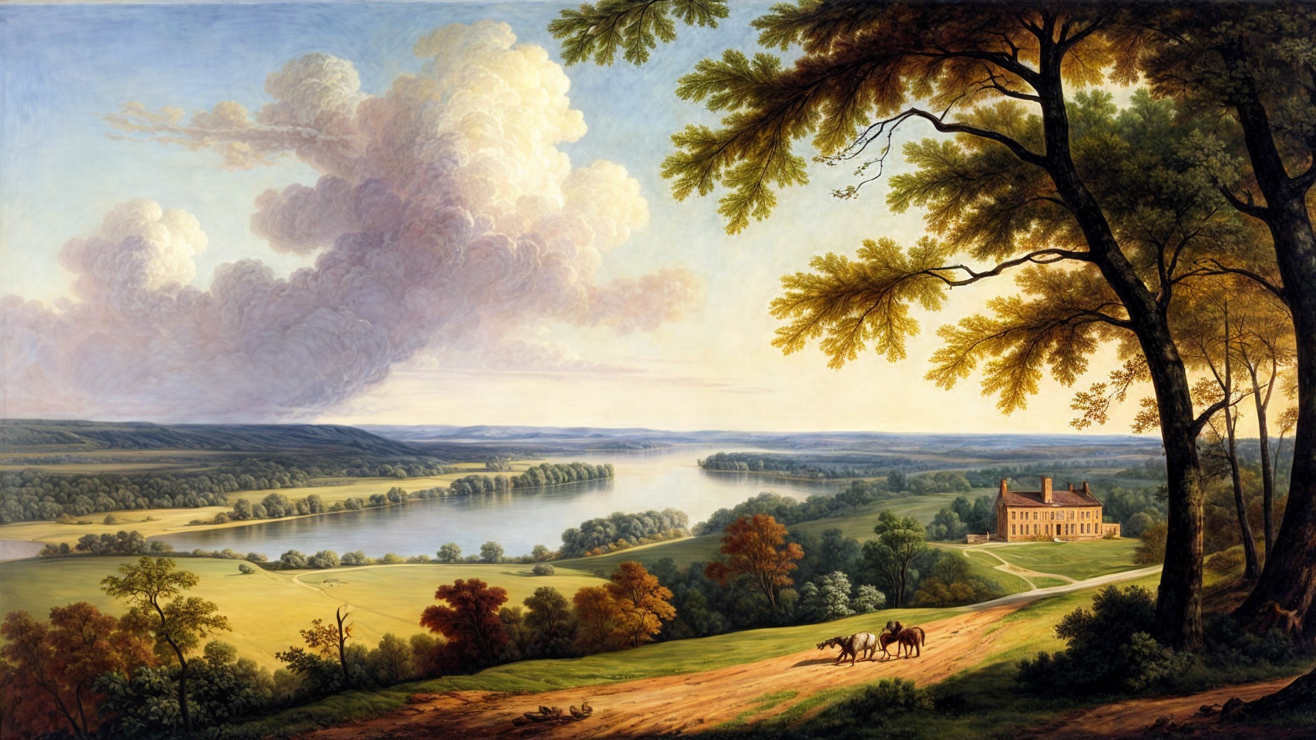 Serene landscape with river, mansion, and autumn trees
