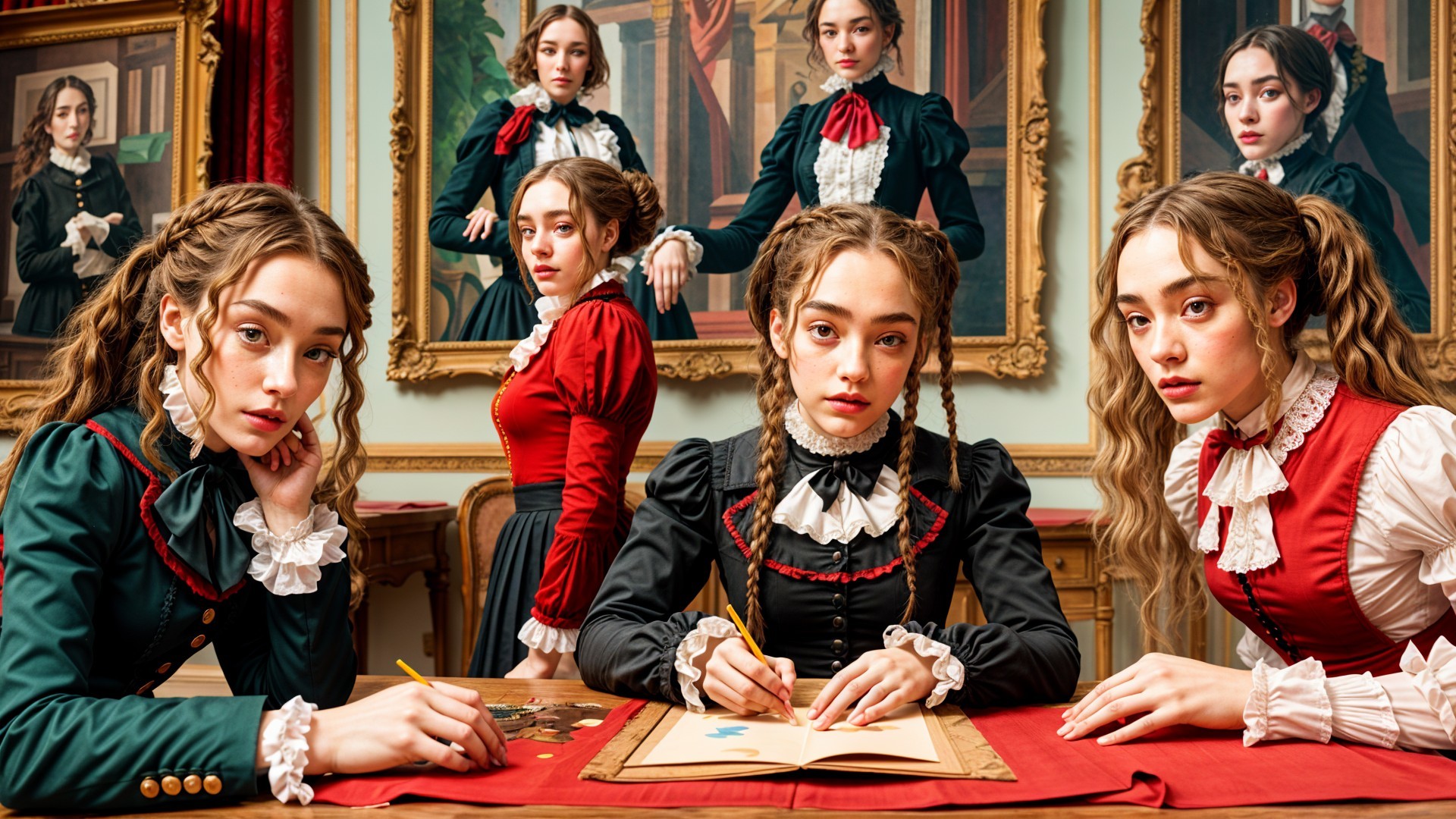 Victorian Women in Elaborate Outfits in Decorated Room