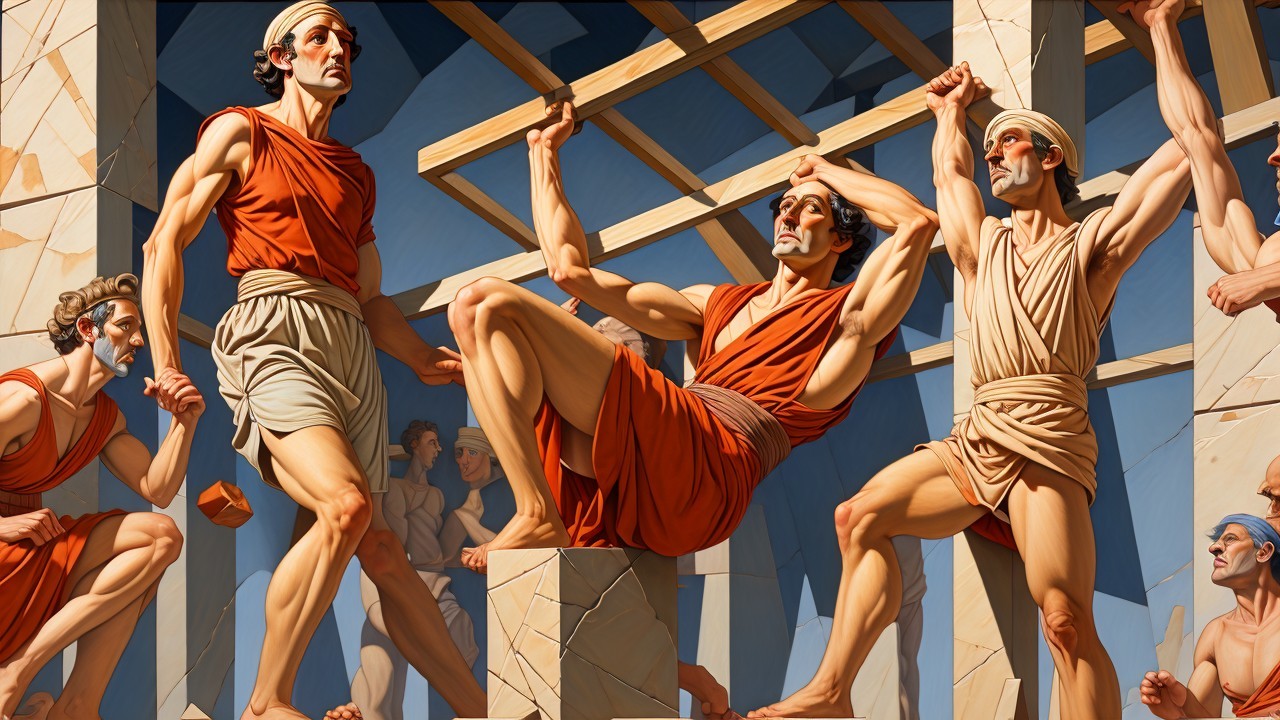 Ancient Greek Workers Collaborating on Construction