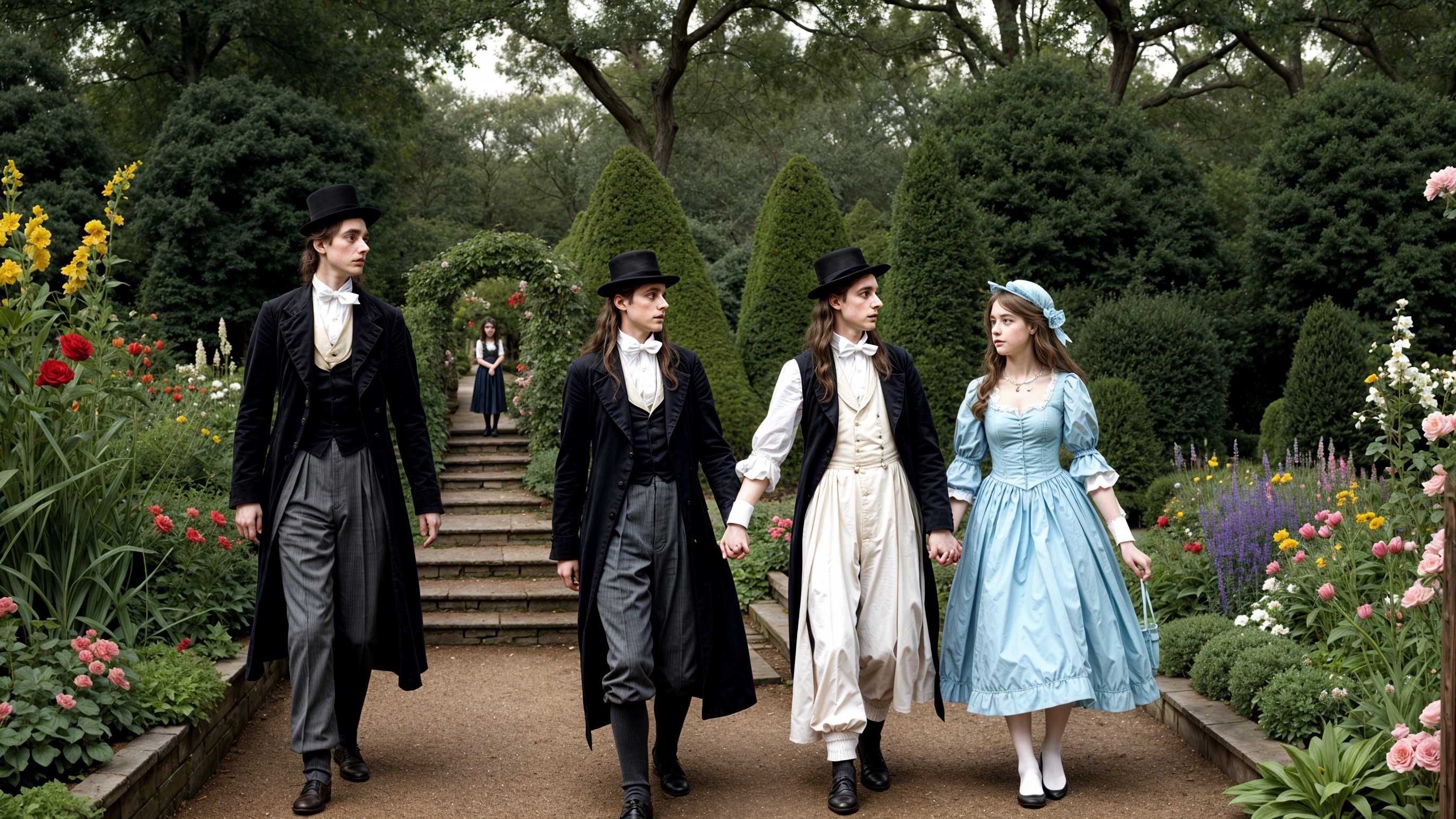 Elegant Figures in a Lush Garden Setting