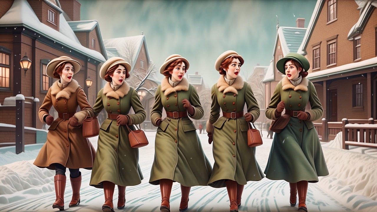 Cheerful Women Walking on Snowy Street with Houses