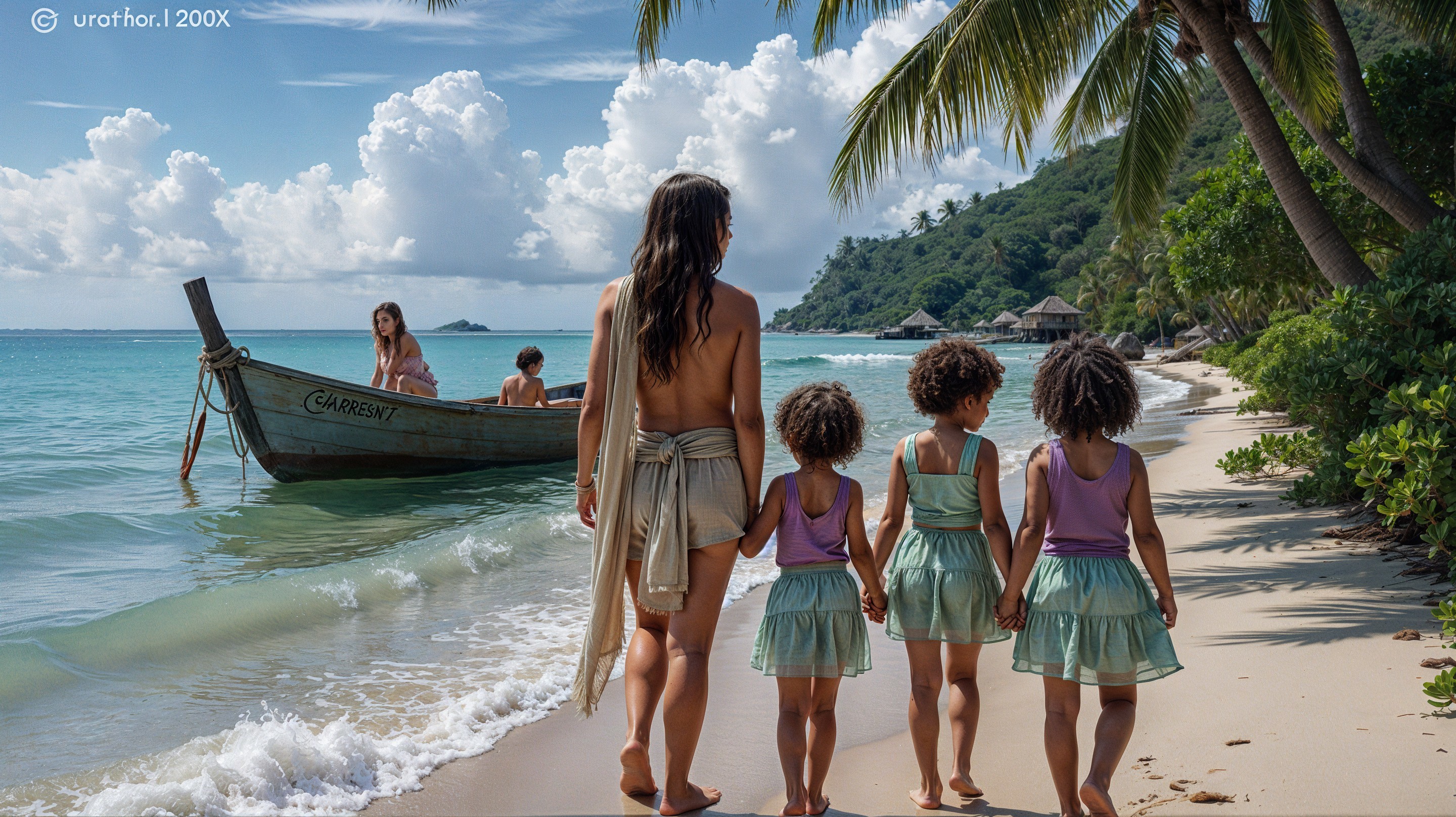 Serene Beach Scene with Women and Girls by Ocean