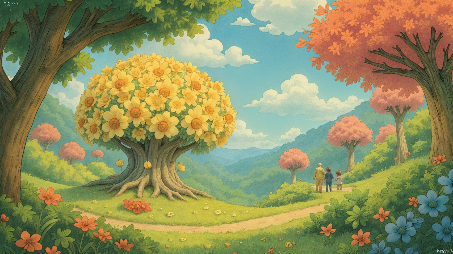 Whimsical Landscape with Blooming Tree and Figures