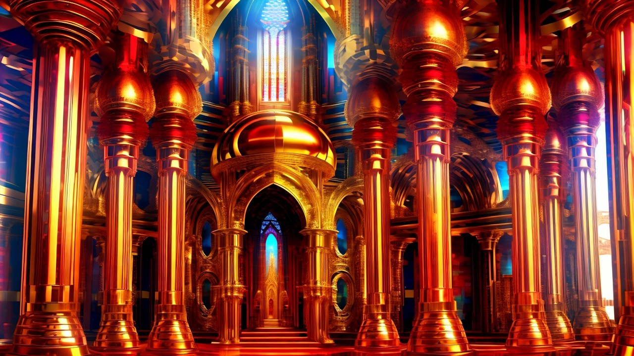 Opulent Interior with Golden Pillars and Vibrant Lights
