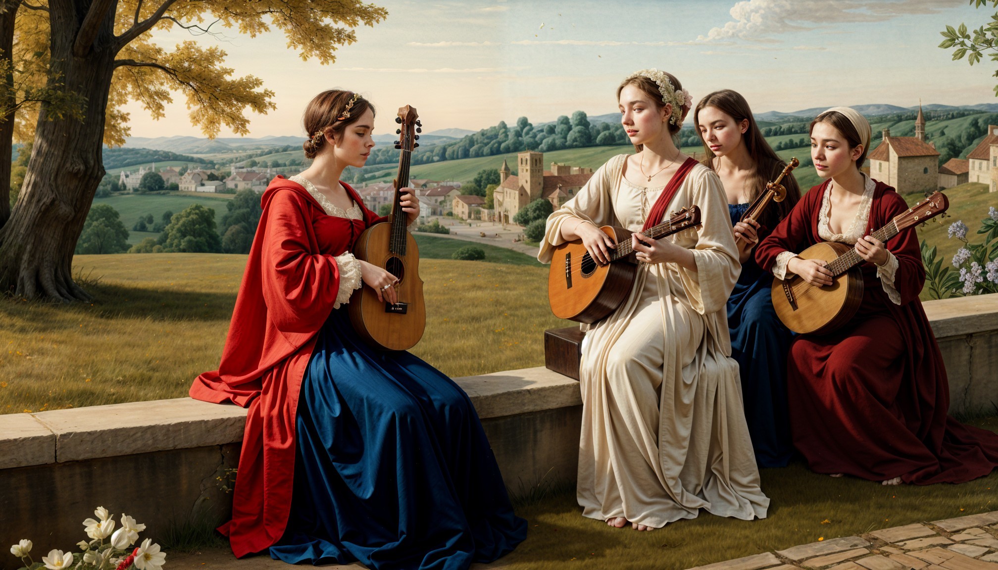 Women in Elegant Dresses Playing String Instruments
