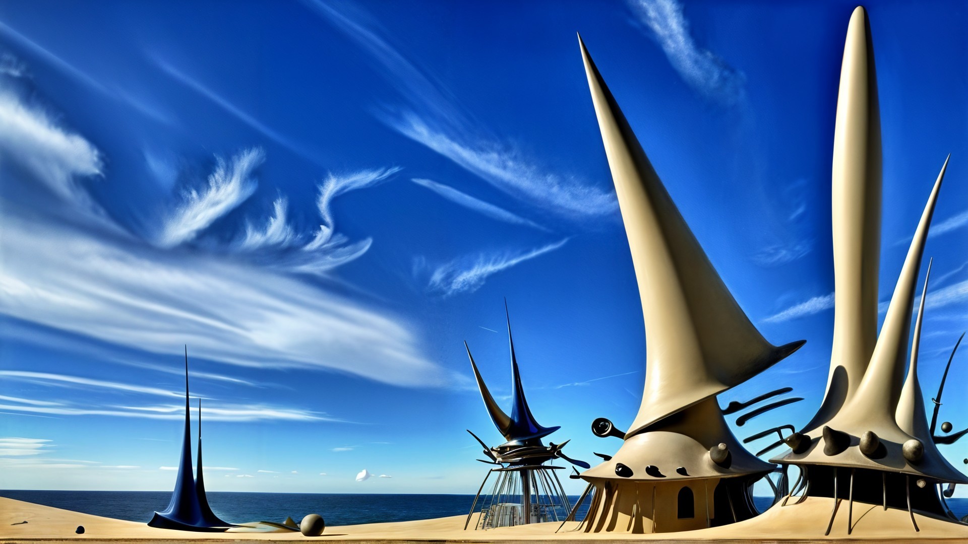 Surreal Landscape with Spire-Like Structures and Ocean
