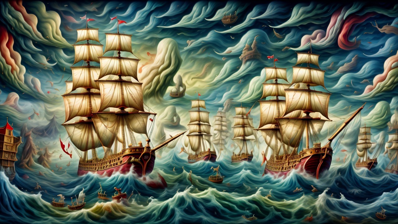 Dramatic Maritime Scene with Sailing Ships and Waves