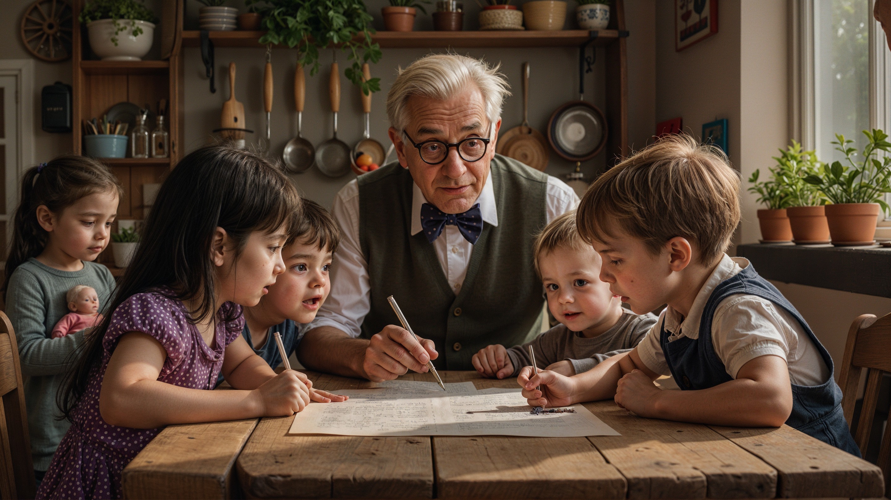 Elderly Man Teaches Drawing to Children in Cozy Kitchen