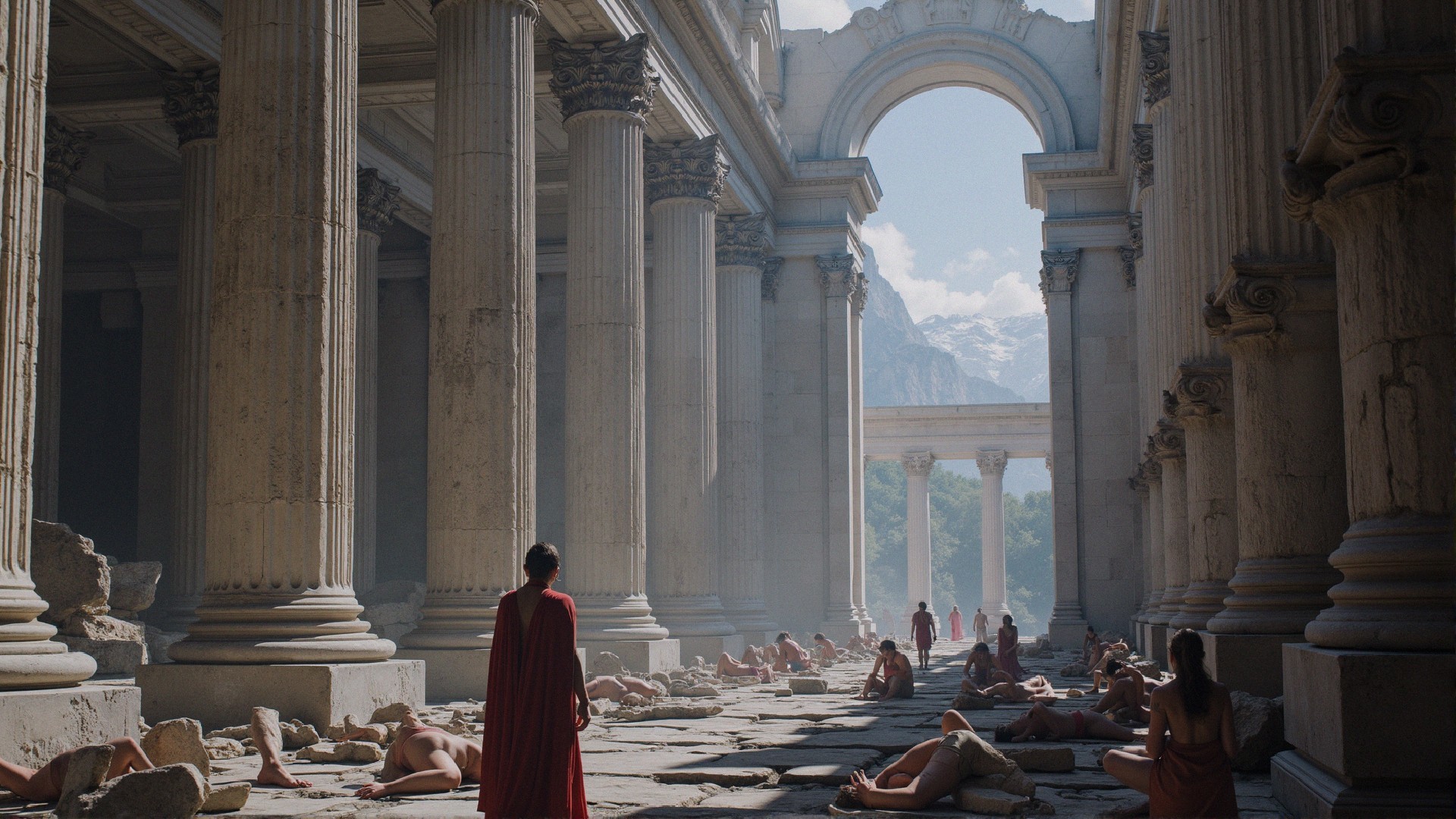 Ancient temple scene with a cloaked figure and ruins