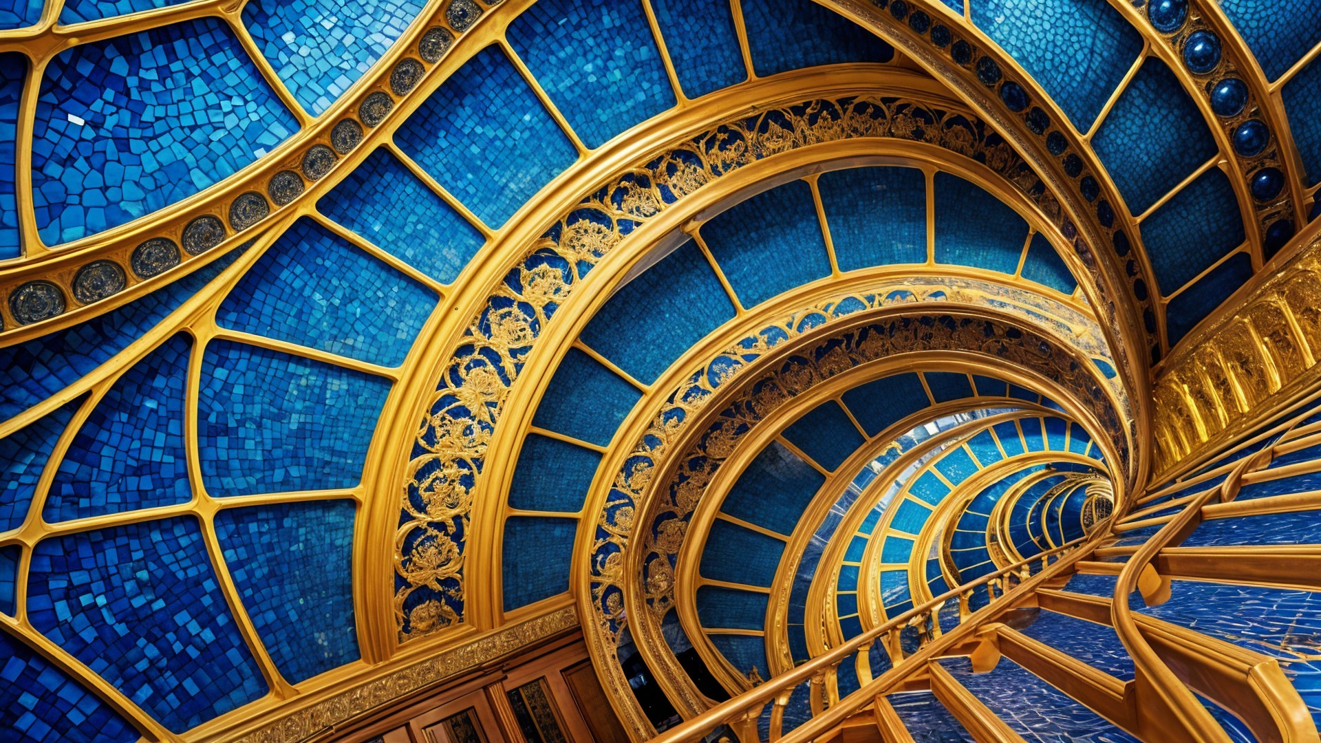 Elegant Spiral Staircase in Blue and Gold Design