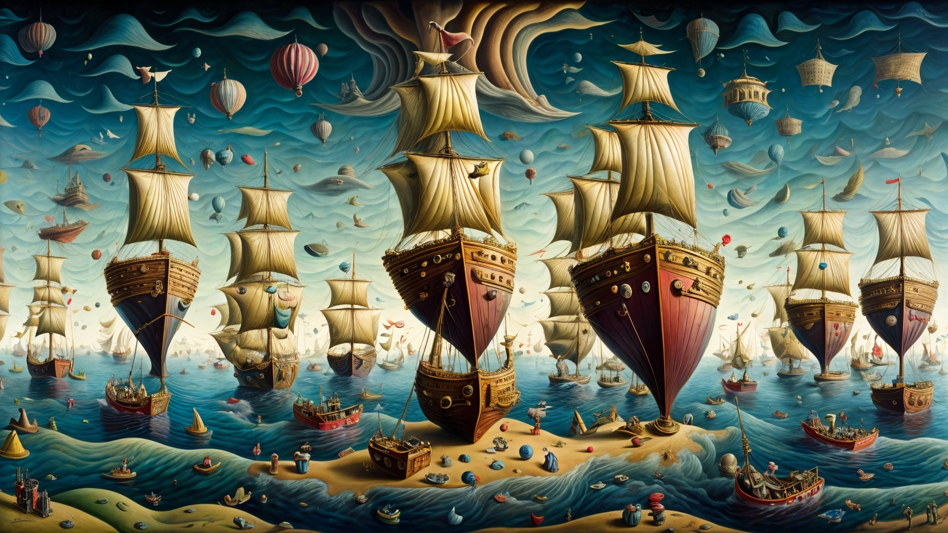 Whimsical Seascape with Ships and Hot Air Balloons