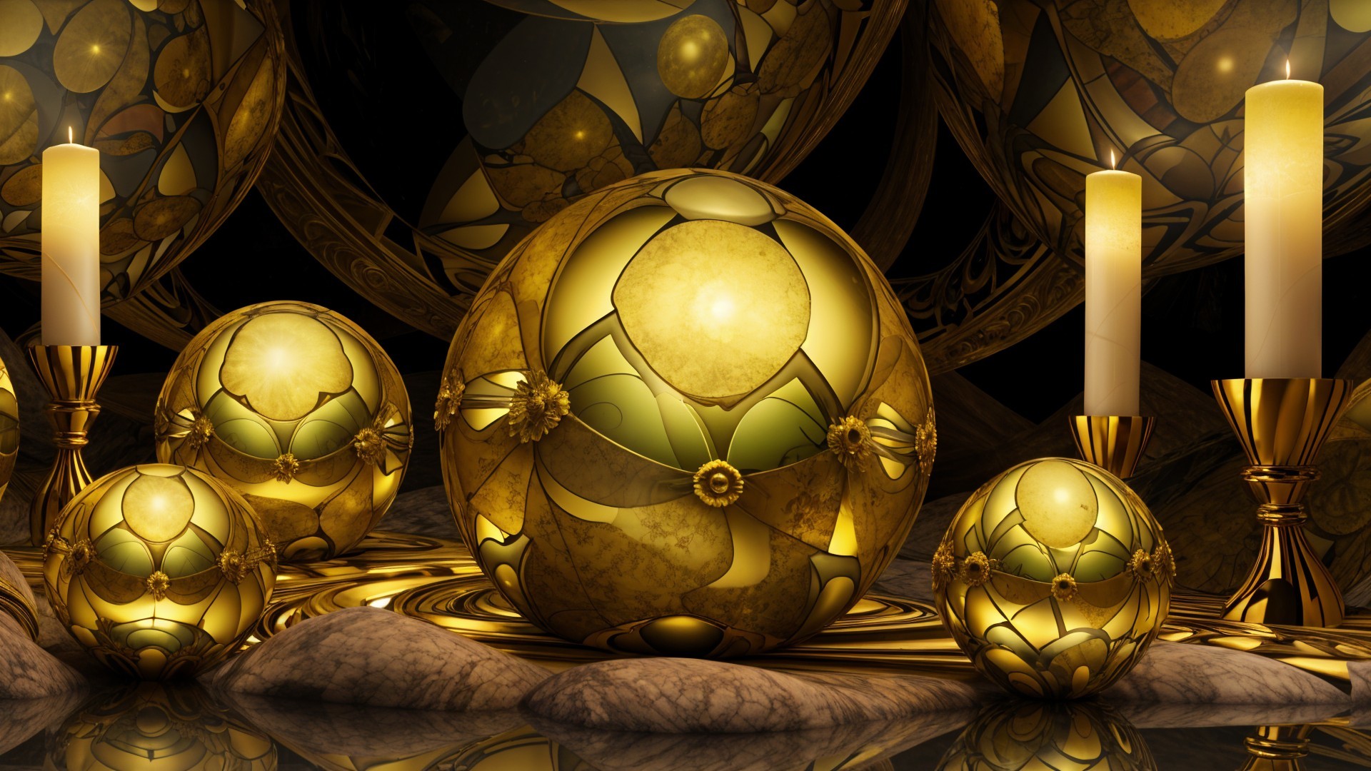 Ornate golden spheres with floral designs and candlelight