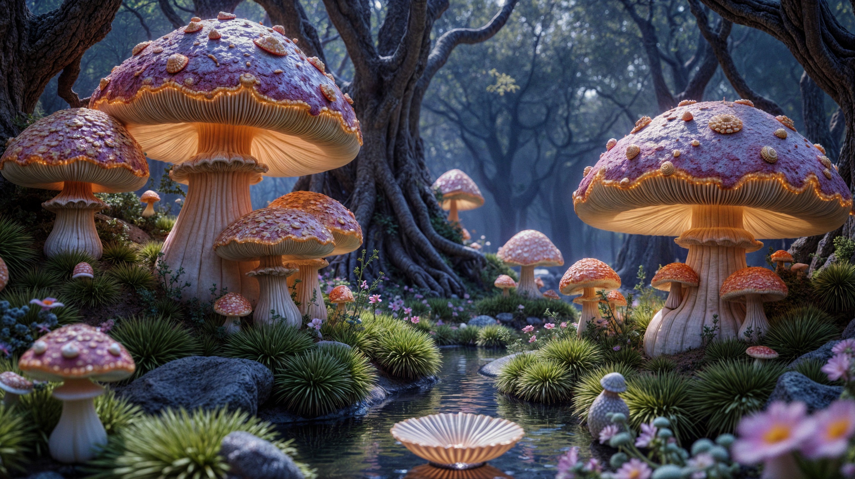 Mystical Forest with Colorful Glowing Mushrooms