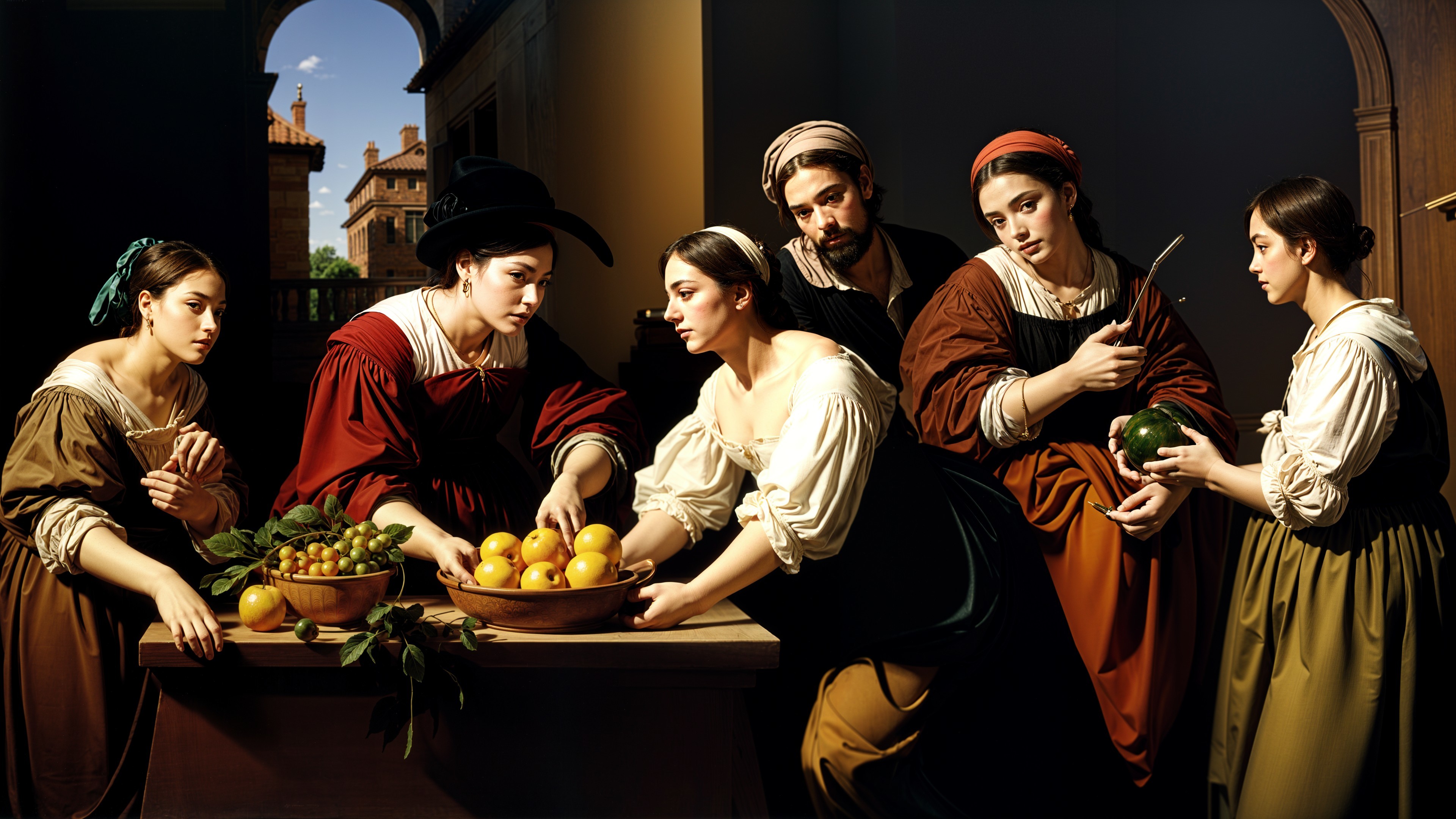 Women Arranging Fresh Fruits in Dimly Lit Room