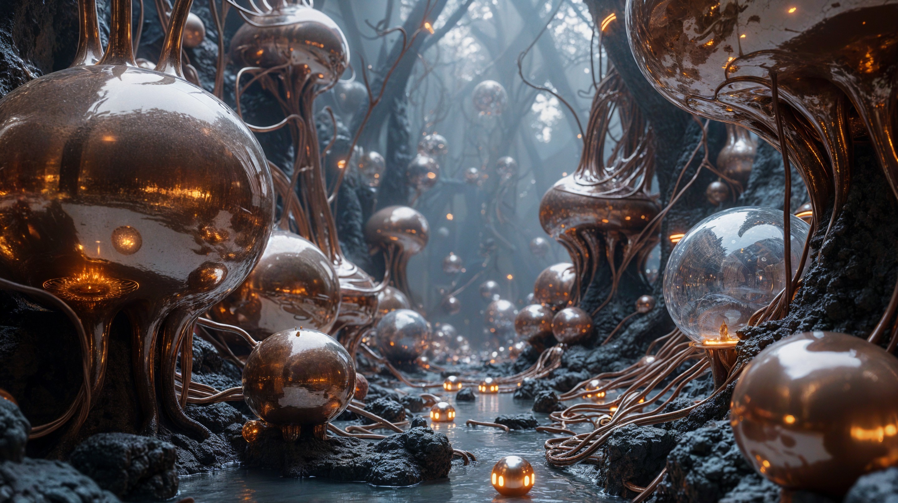 Enchanted forest with glowing orbs and misty ambiance